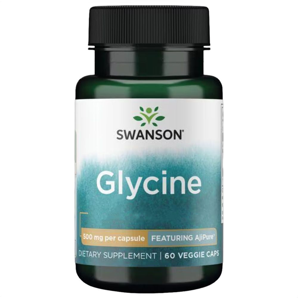 Bouteille vert foncé Swanson Glycine, 60 capsules végétales, 500 mg par capsule.