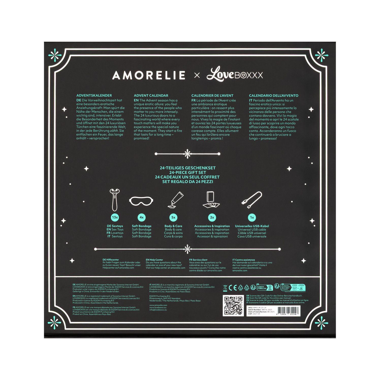 Achterkant van de adventskalenderbox met tekst in het Duits, Engels, Frans en Italiaans. Bevat productillustraties.