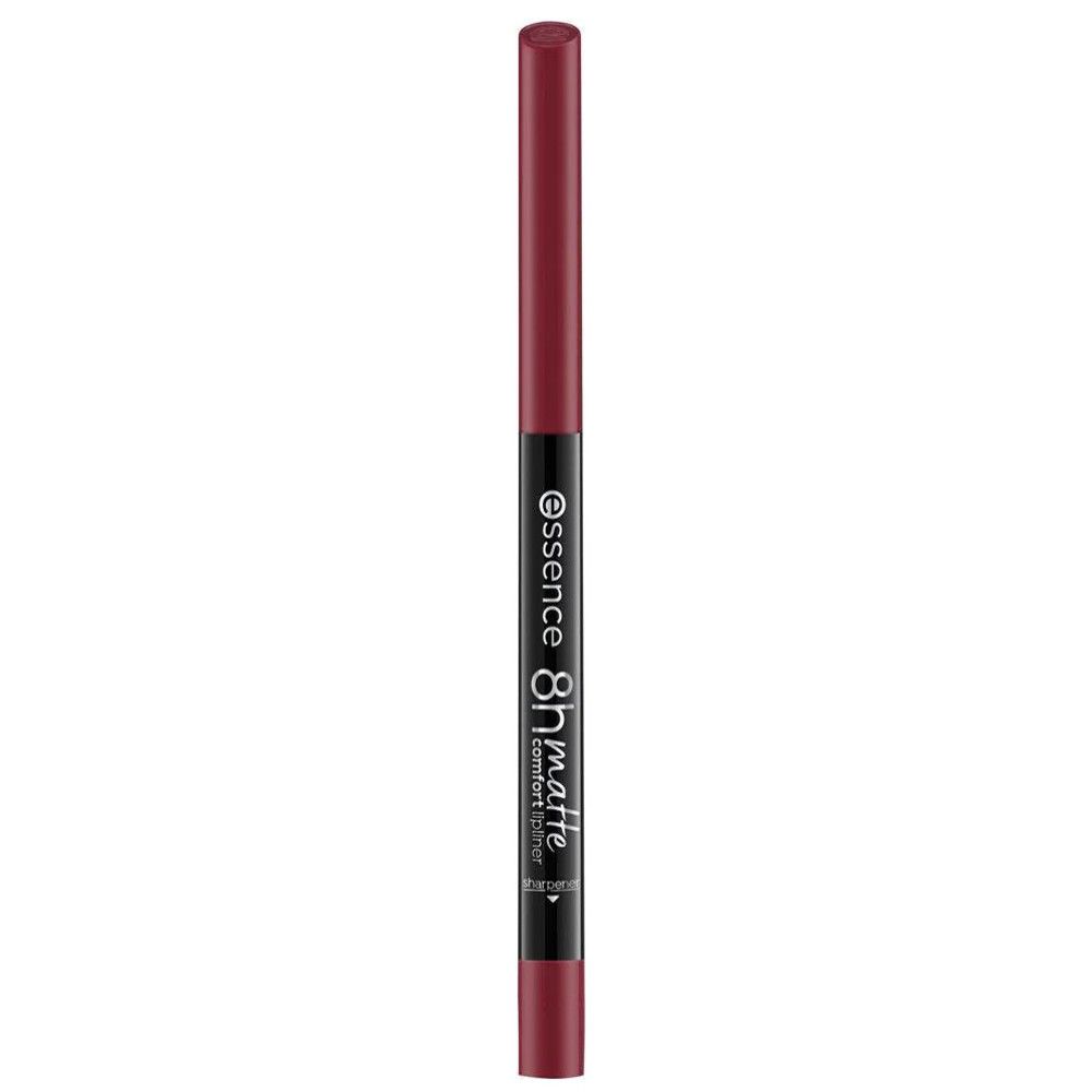 Lipliner met zwarte huls. Opschrift: Essence 8h matte comfort liner. Punt in donkere kleur.