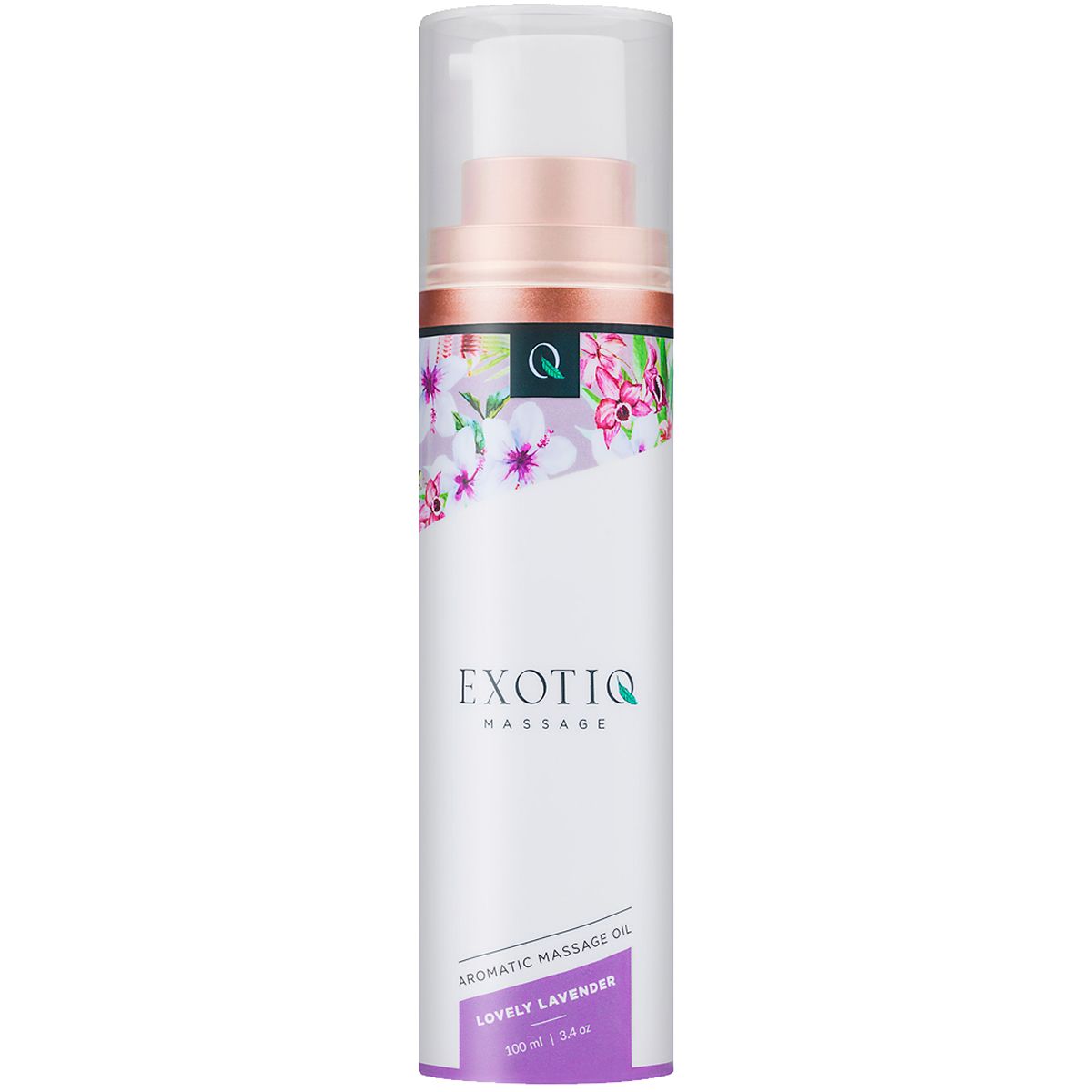 Witte-paarse fles met bloemenpatroon en pomp. Opschrift: EXOTIQ, Aromatic Massage Oil, Lovely Lavender.