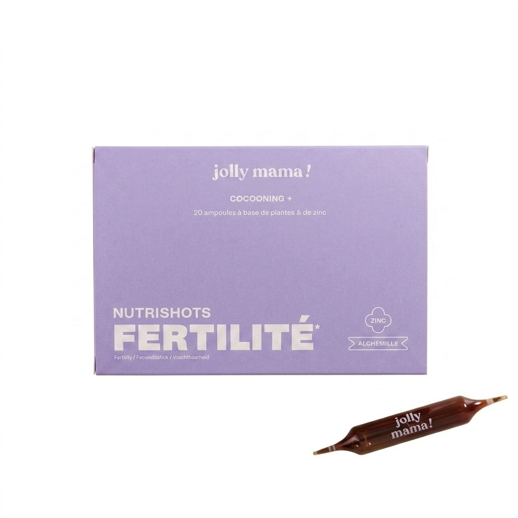 Boîte Jolly Mama Nutrishots Fertilité avec 20 ampoules végétales et une ampoule individuelle en verre brun.