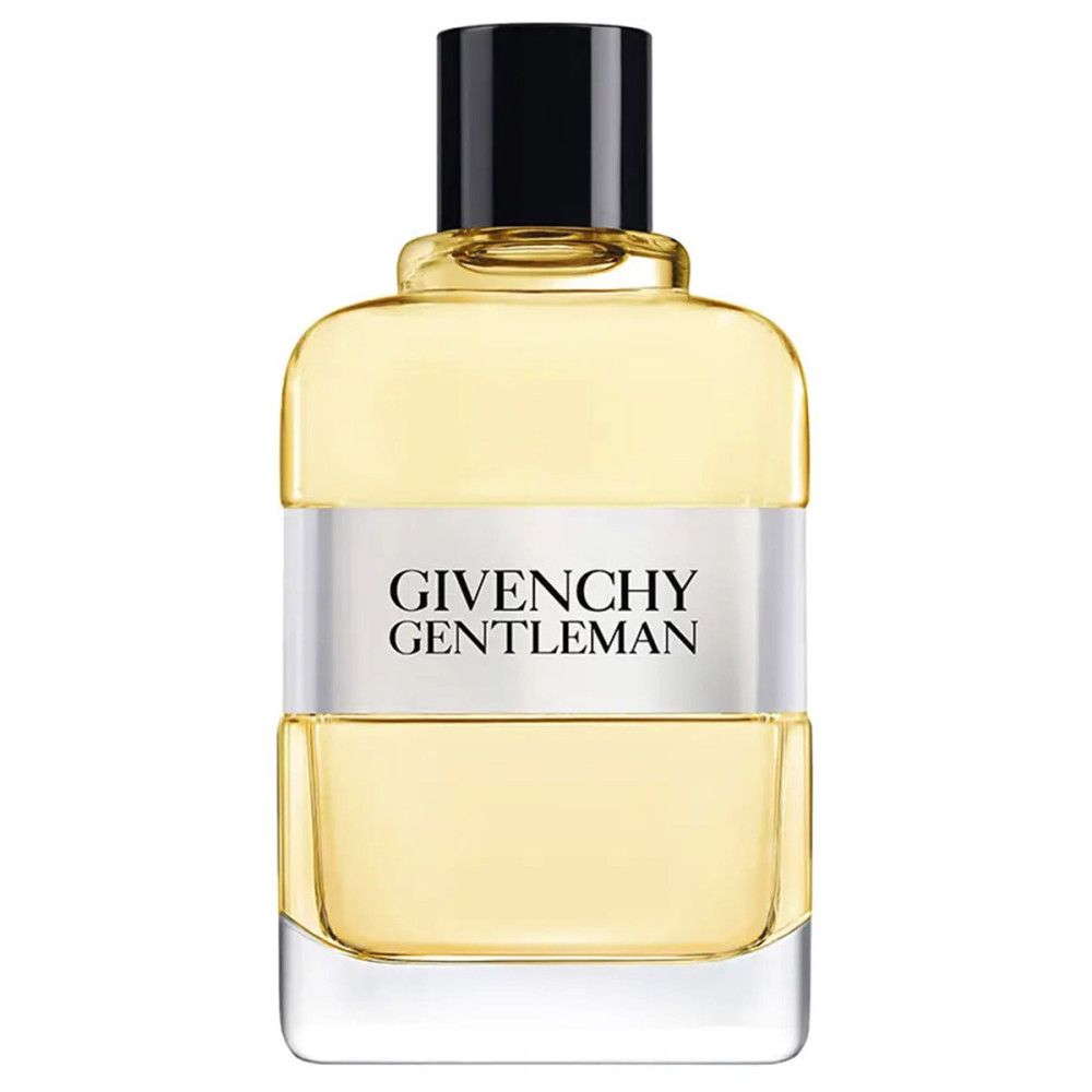 Givenchy Gentleman Eau de Toilette. Rechthoekige fles. Witte band met logo. Zwarte dop.