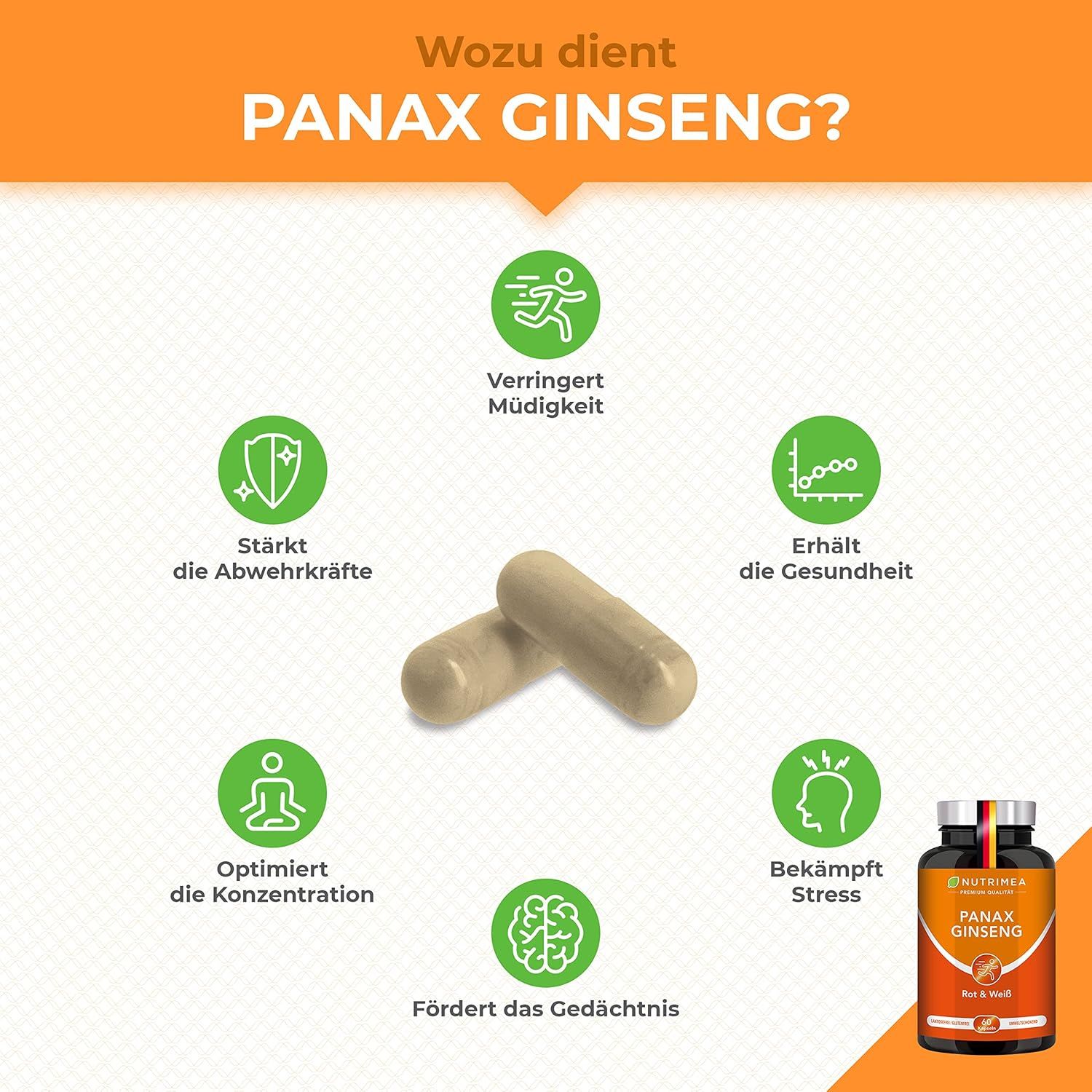 Deux gélules beiges à côté d'une infographie. L'infographie montre les bienfaits du PANAX GINSENG : fatigue, immunité, santé, concentration, stress, mémoire.