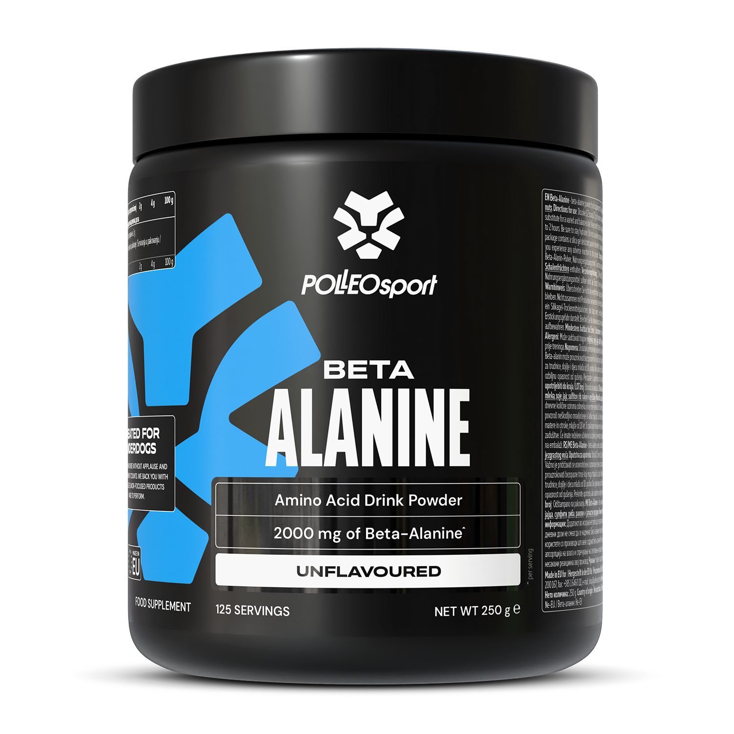 Zwarte pot met blauw design en tekst BETA ALANINE. Bevat 250g ongeparfumeerd poeder. Merk: Polleo Sport.