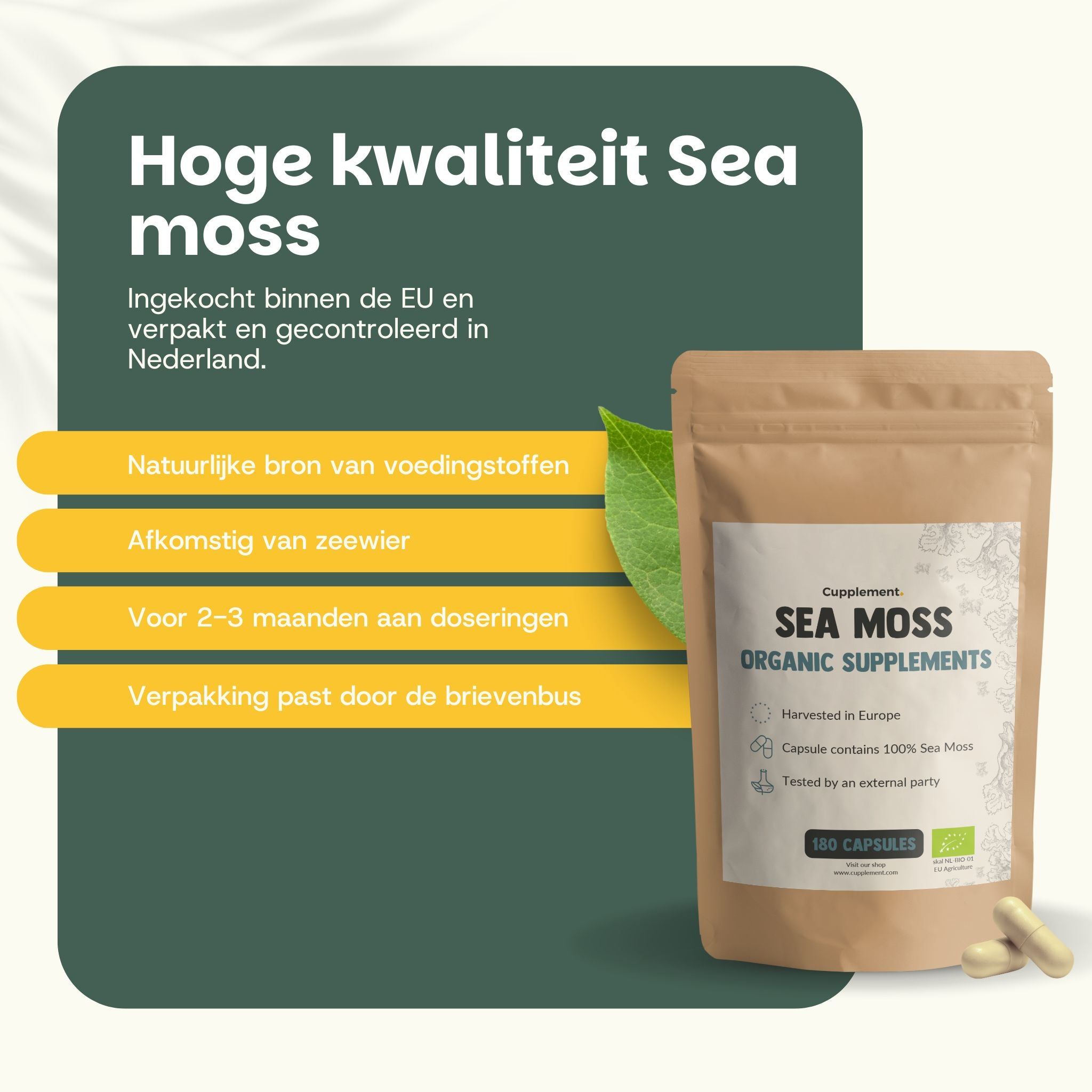 Bruine verpakking met Sea Moss Organic Supplements. Tekst met informatie. Gele balken.