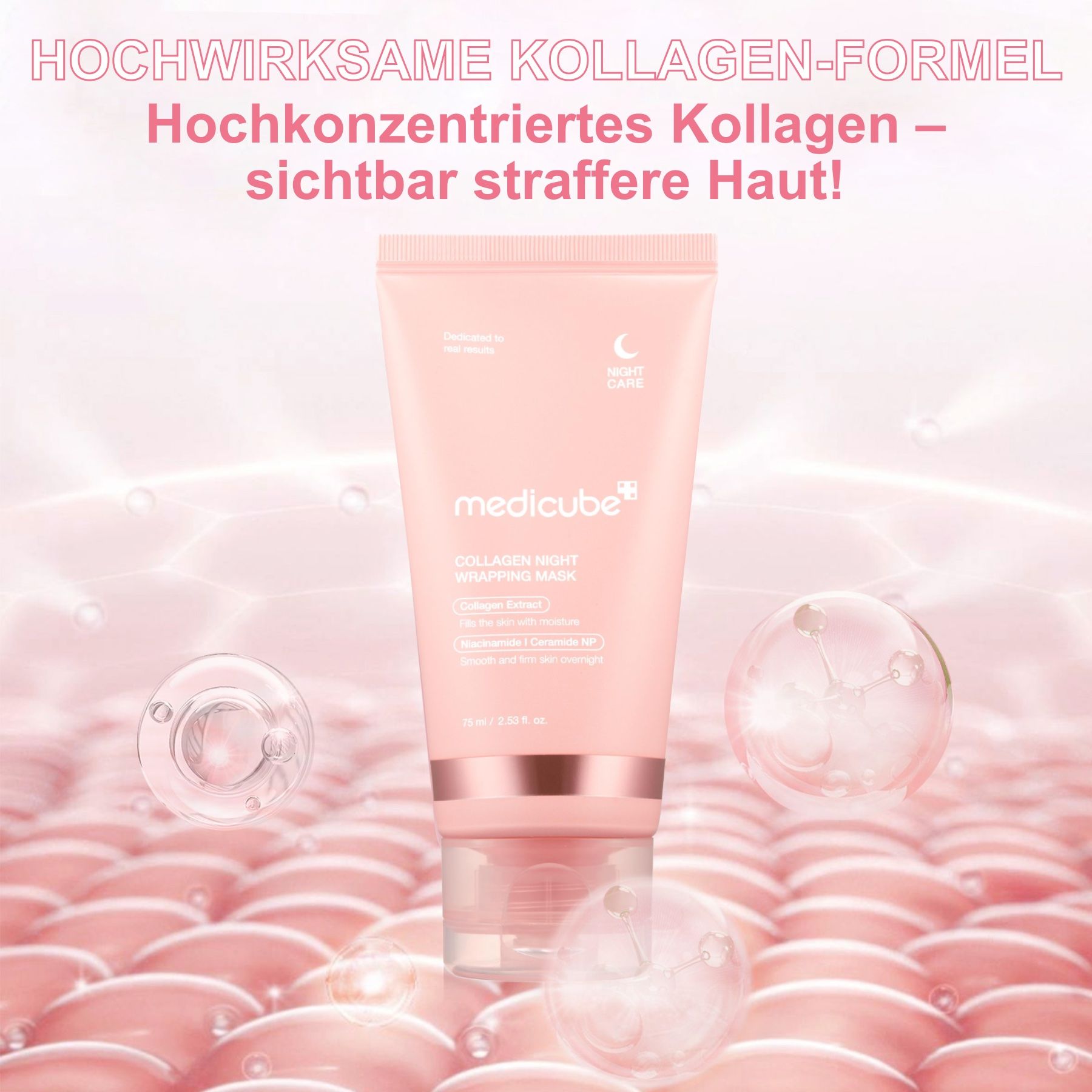 Roze tube met productnaam en achtergrond met huidcellen. Tekst: Collagen Night Wrapping Mask. Hooggeconcentreerde collageenformule.