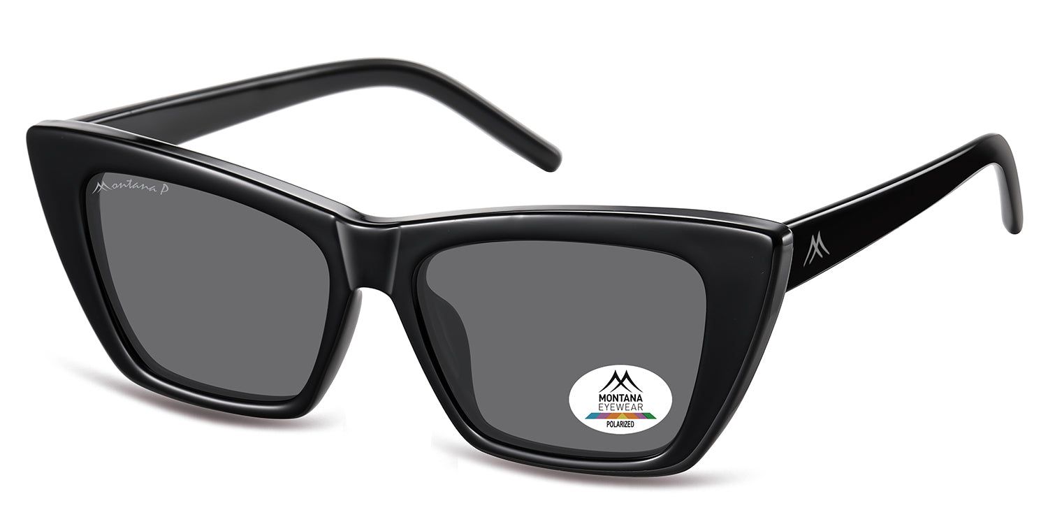 Lunettes de soleil noires avec verres carrés. Logo Montana Eyewear et autocollant polarisé. Monture noire avec branches.