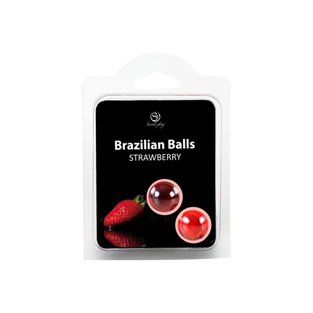 Emballage avec deux billes brésiliennes rouges et des fraises. Marque : Secret Play.