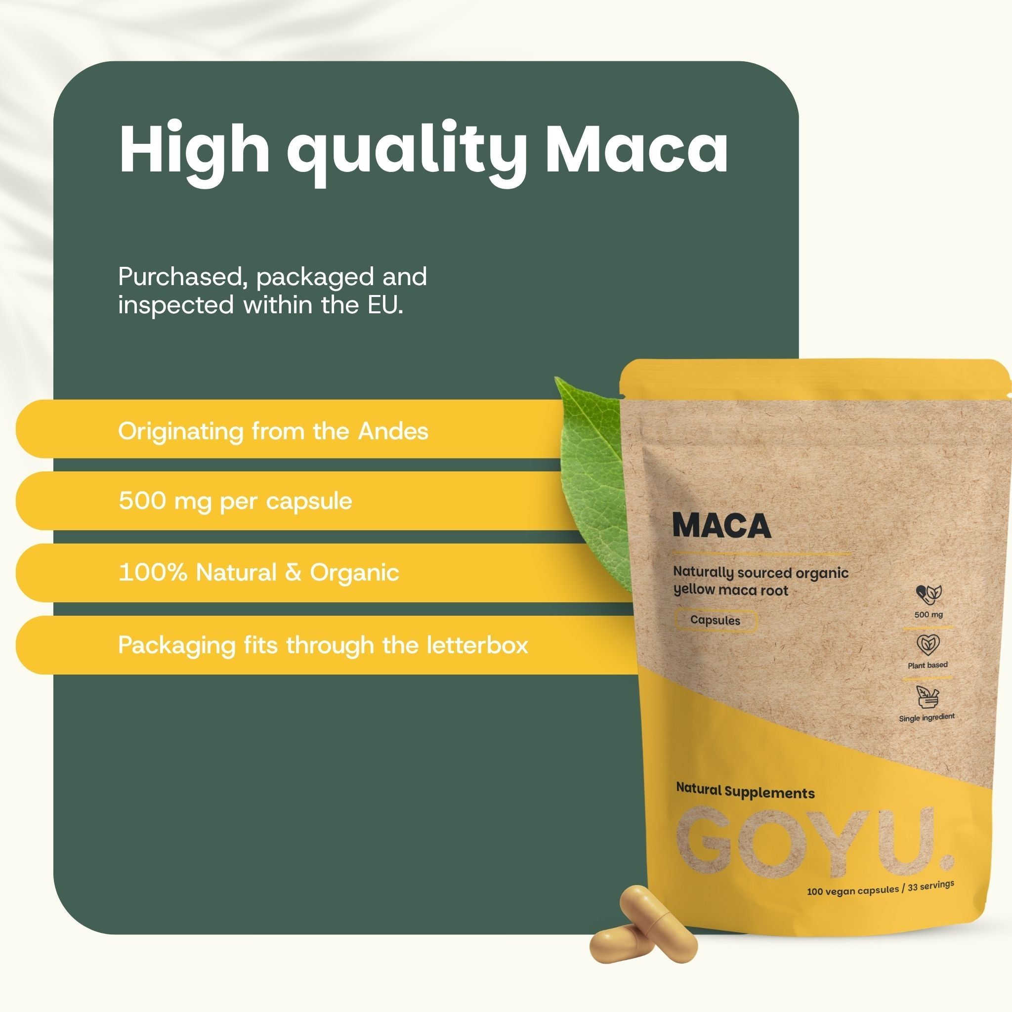 Un sachet de gélules de Maca à côté du texte sur origine, 500mg, bio et format boîte aux lettres. Sceau UE visible.