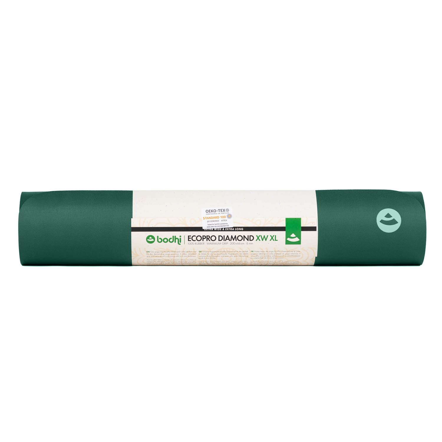 Opgerolde groene yogamat met papieren band. Opdruk: bodhi EcoPro Diamond XW XL.