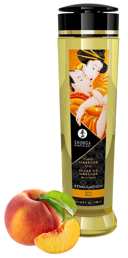 Shunga massageolie fles naast een perzik en perzikplakje. Etiket met Aziatische kunst.