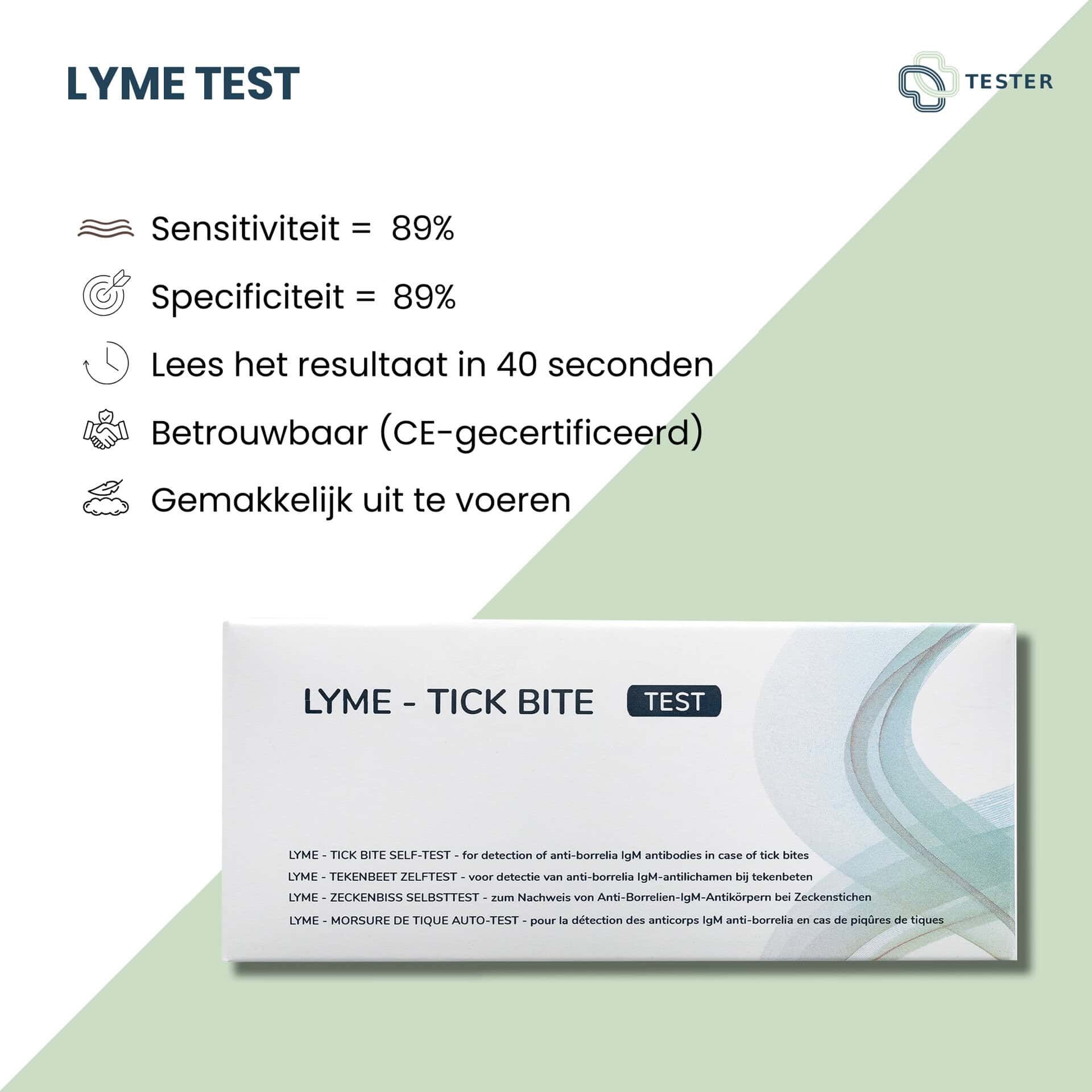 Verpakking van de Lyme-test met informatie over gevoeligheid, specificiteit en CE-certificering.