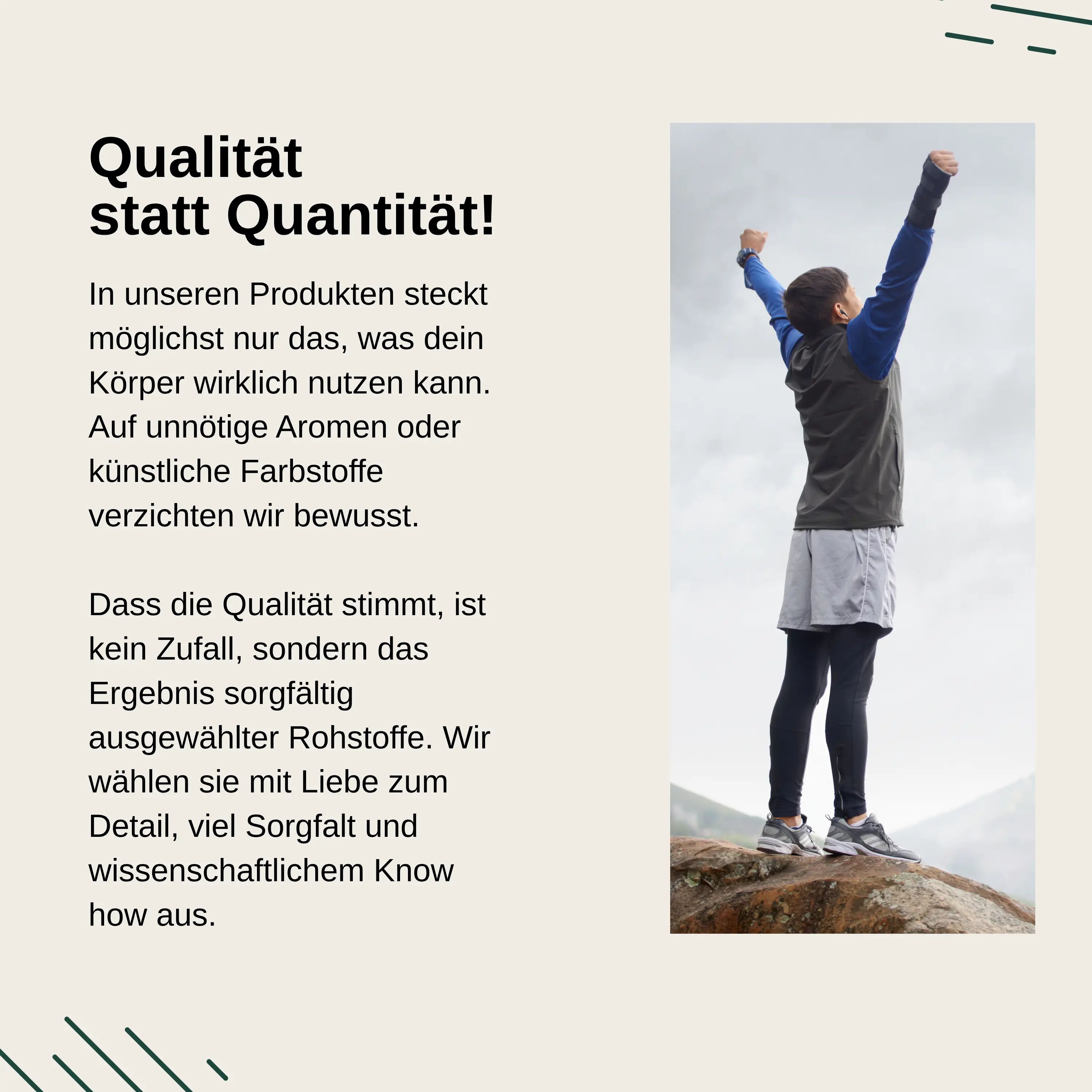 Man met opgeheven armen op een rots, symboliseert vitaliteit en welzijn.