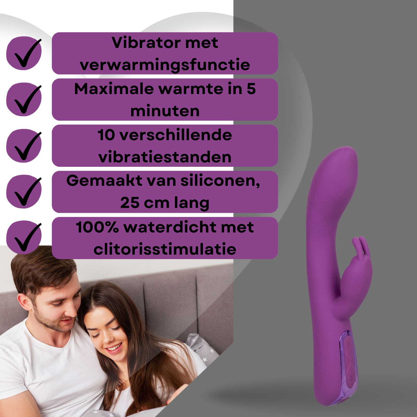 Vibrator met verwarmingsfunctie. Tekst met kenmerken. Koppel op de achtergrond.