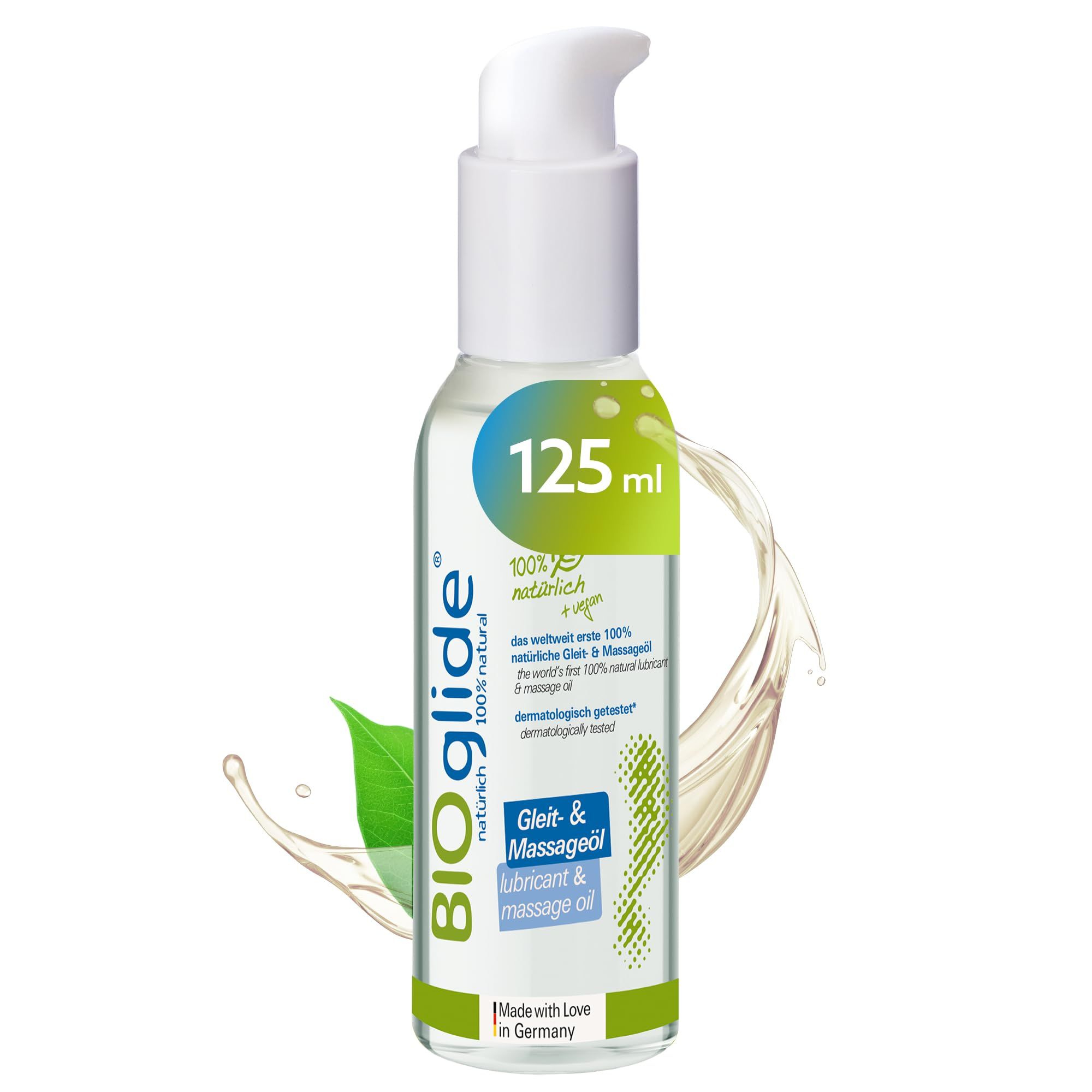 BIOglide glijd- & massageolie fles met pompdos, 125 ml, 100% natuurlijk & vegan.