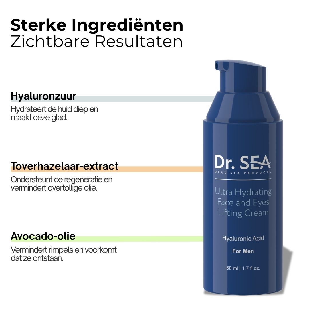 Blauwe crèmefles met tekst. Opschrift: Dr. SEA, Ultra Hydrating Face and Eyes Lifting Cream. Ingrediënten.