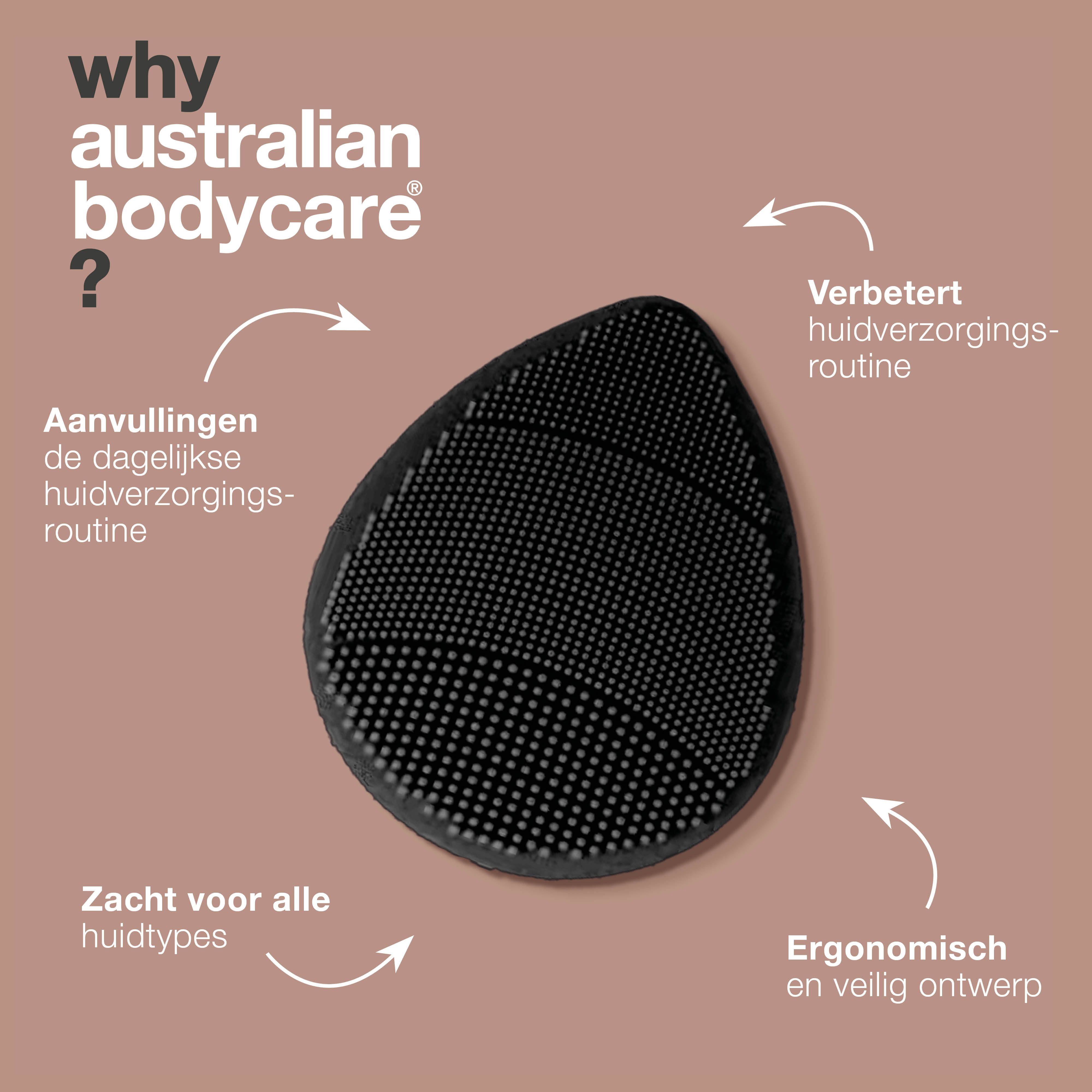 Productkenmerken. Zwarte, druppelvormige gezichtsborstel. Tekst: Ergonomisch ontwerp, zacht voor alle huidtypen.