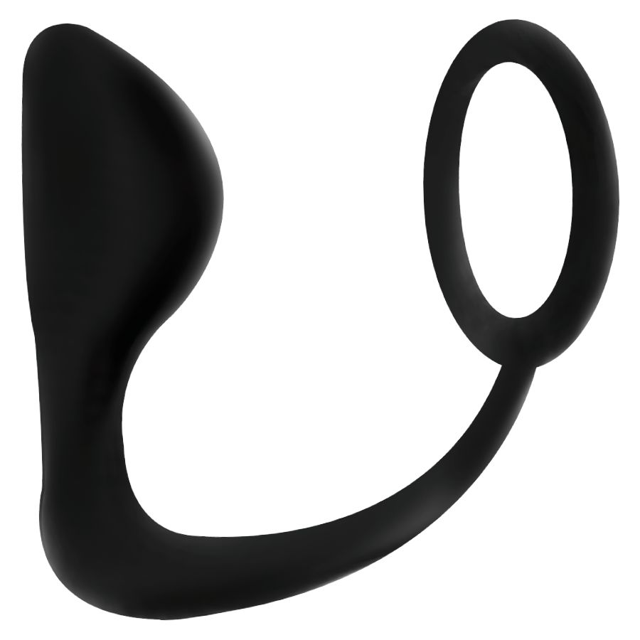 Plug anal flexible noir avec anneau pénien en silicone.
