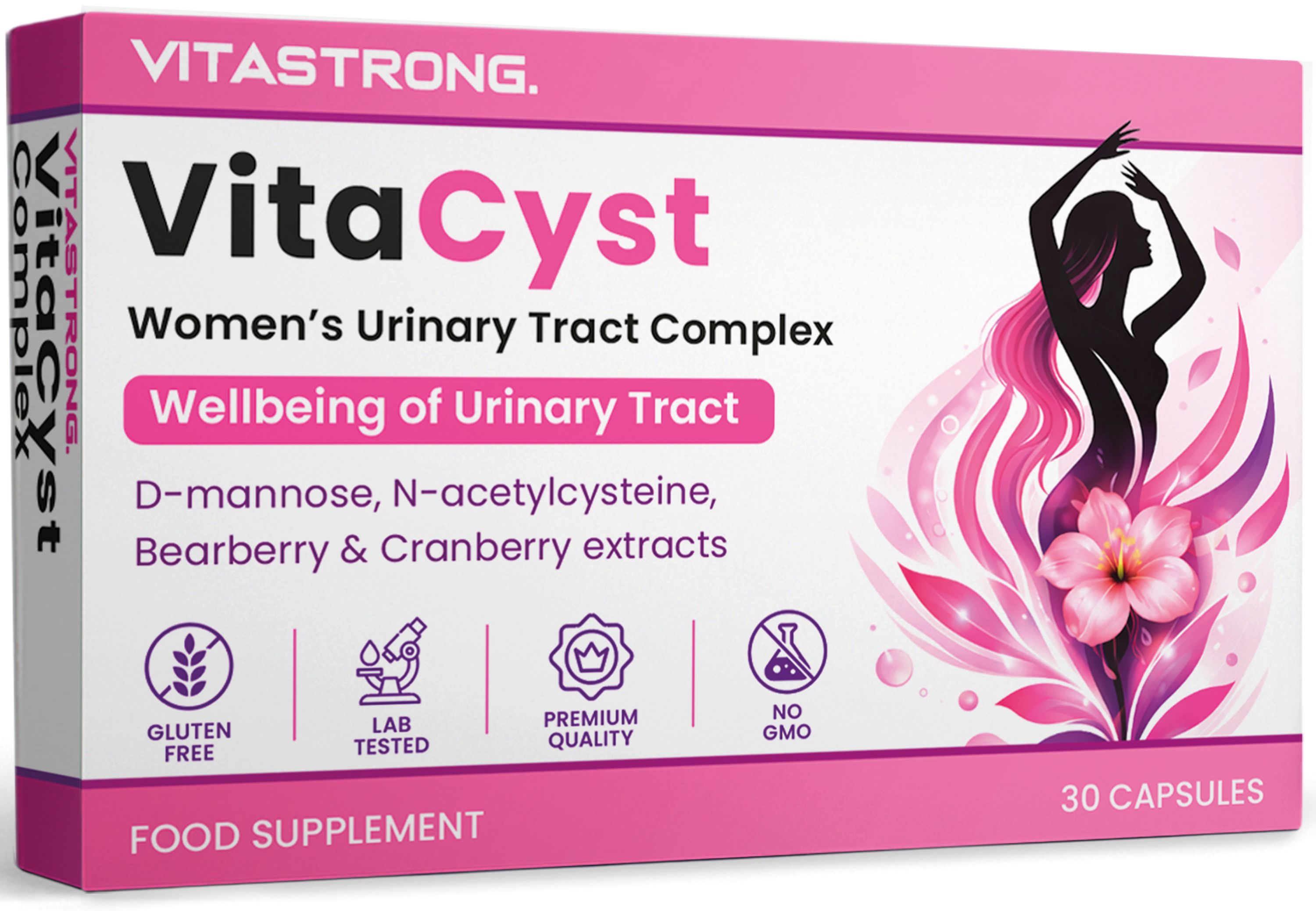 Roze doosje met VitaCyst tabletten. Bevat D-mannose, cranberry en berendruif. Glutenvrij, laboratorium getest, premium kwaliteit.
