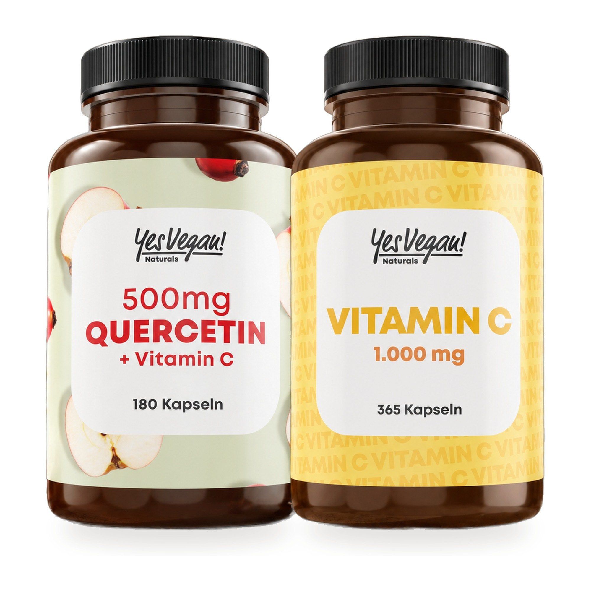 Twee flessen Yes Vegan! 500mg Quercetine + Vitamine C (180 capsules) en Vitamine C 1.000 mg (365 capsules).