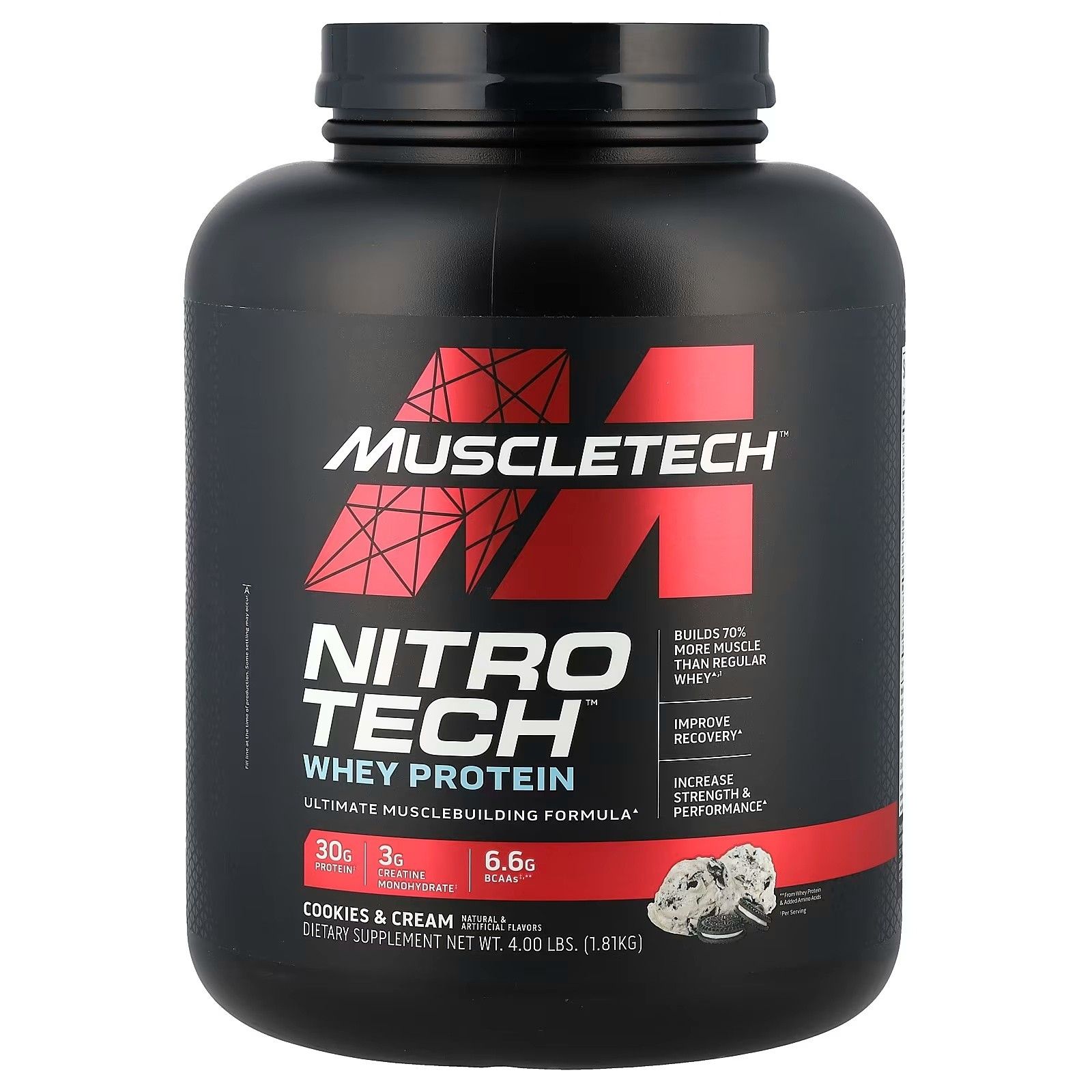 Protéine de lactosérum Muscletech Nitro-Tech, saveur Cookies & Cream. Récipient noir avec étiquette affichant les informations nutritionnelles et le produit.