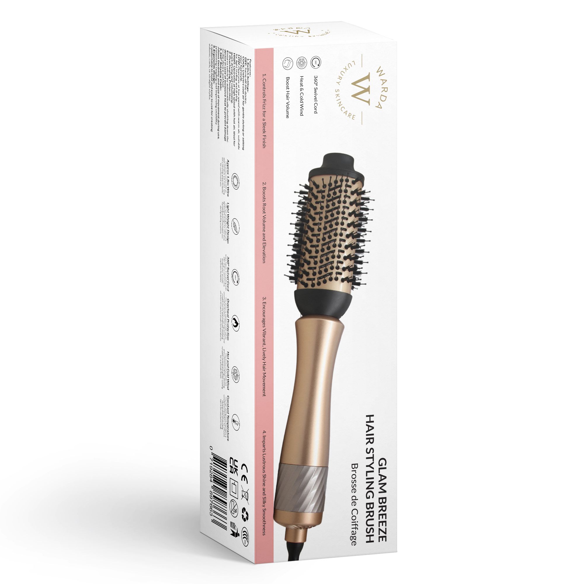 Haarstylingborstel met gouden handvat en zwarte borstelkop. Verpakking met productnaam en logo.