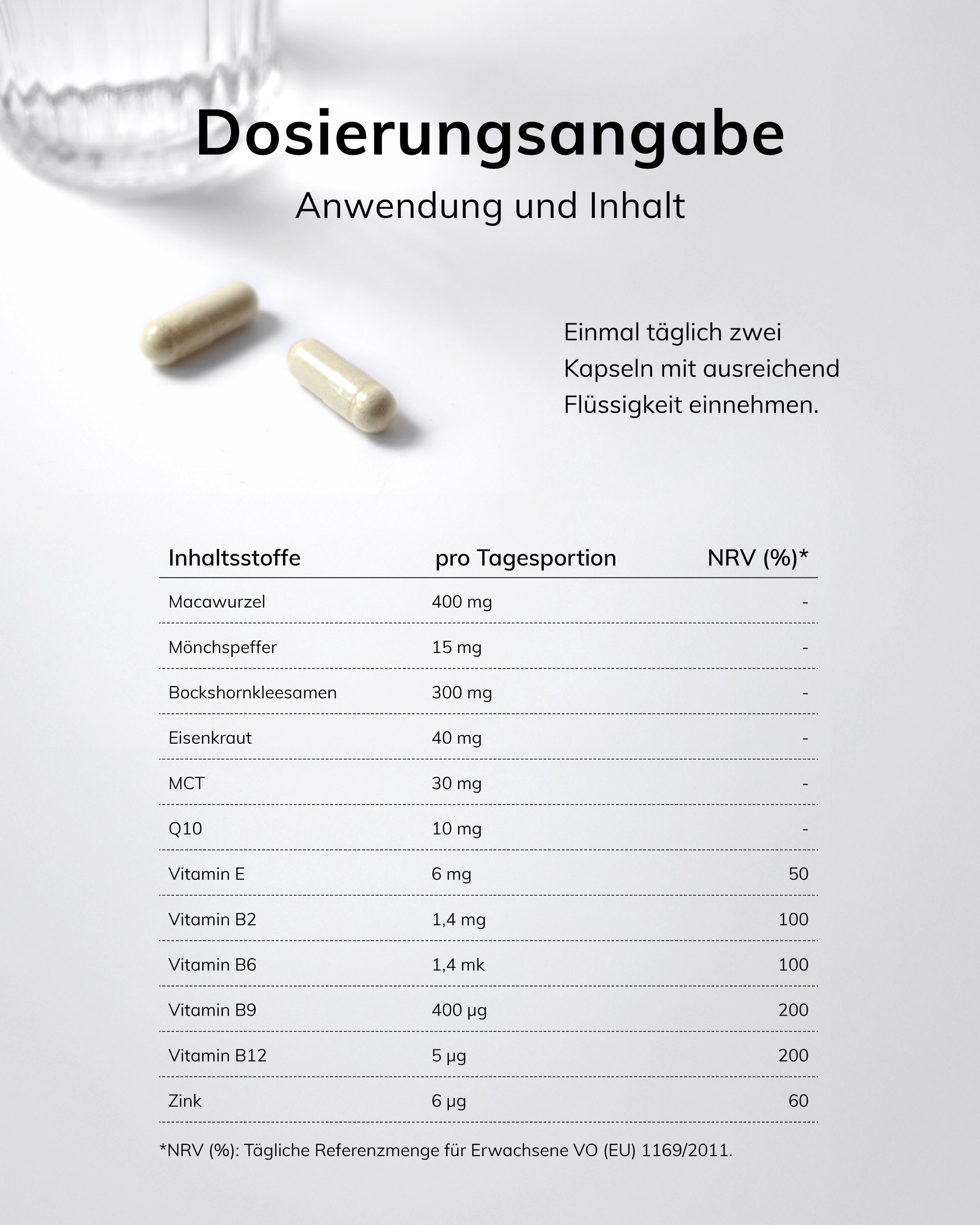 Deux gélules avec informations nutritionnelles et recommandation de dosage.