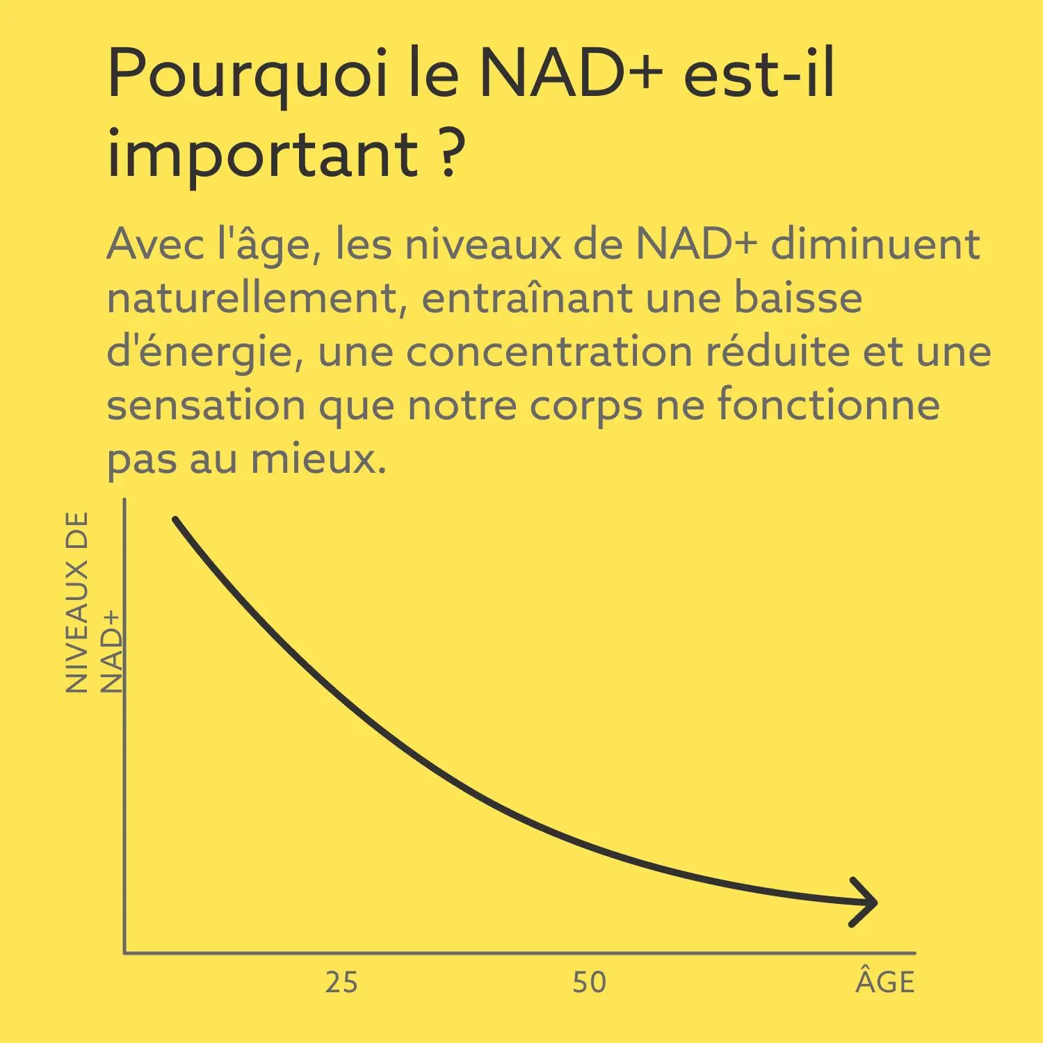 Fond jaune avec texte: Pourquoi le NAD+ est-il important ? Graphique: Les niveaux de NAD+ diminuent avec l'âge. Flèche de 25 à 50.