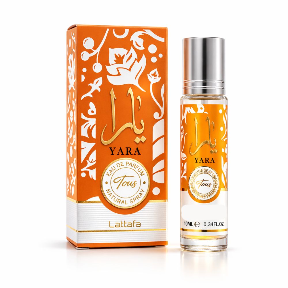 Parfumfles en verpakking. Oranje verpakking met bloemmotief en gouden belettering. Fles met zilveren dop.