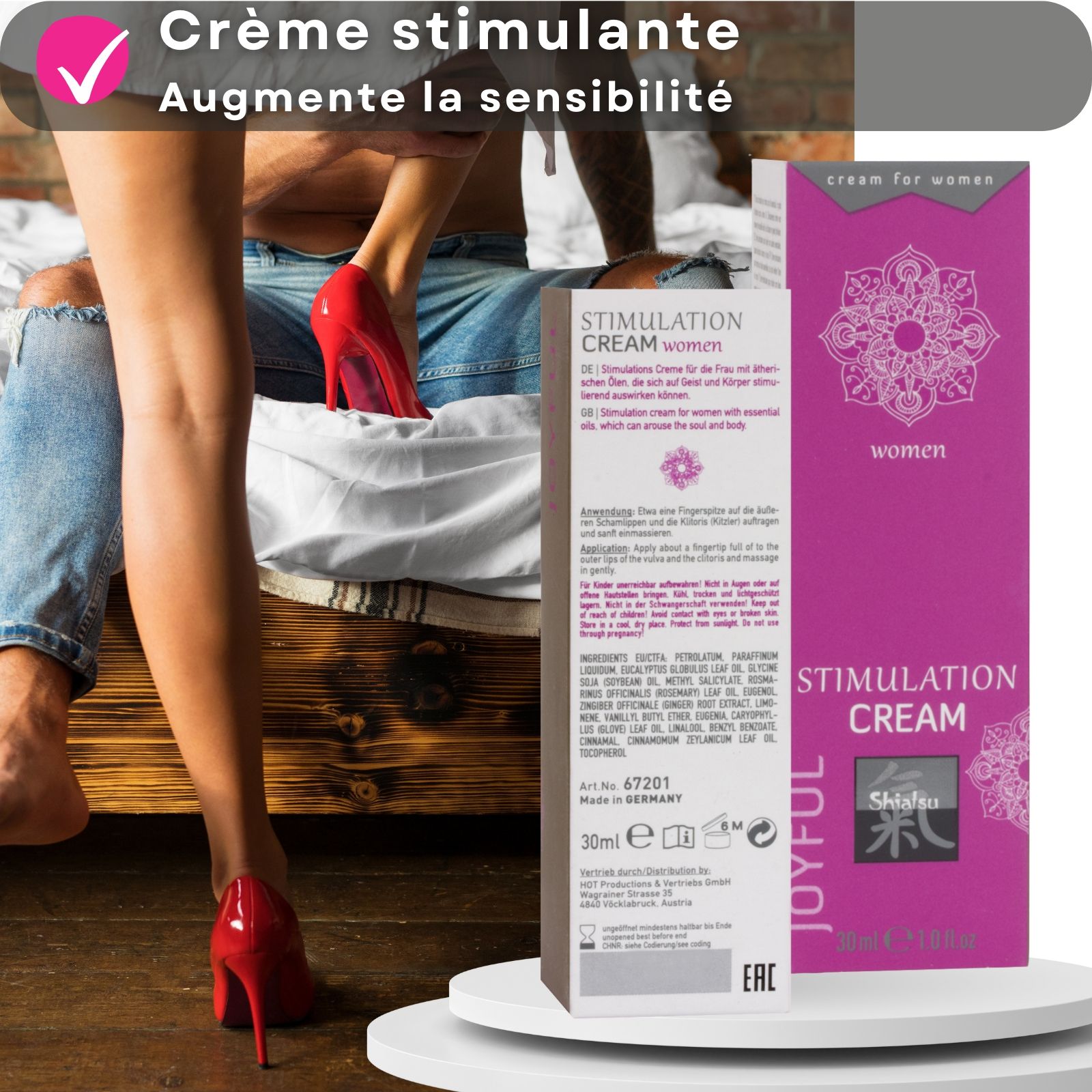 Tube et boîte roses. Inscription : Stimulation Cream, Shiatsu, Joyful. Texte et femme avec chaussures.