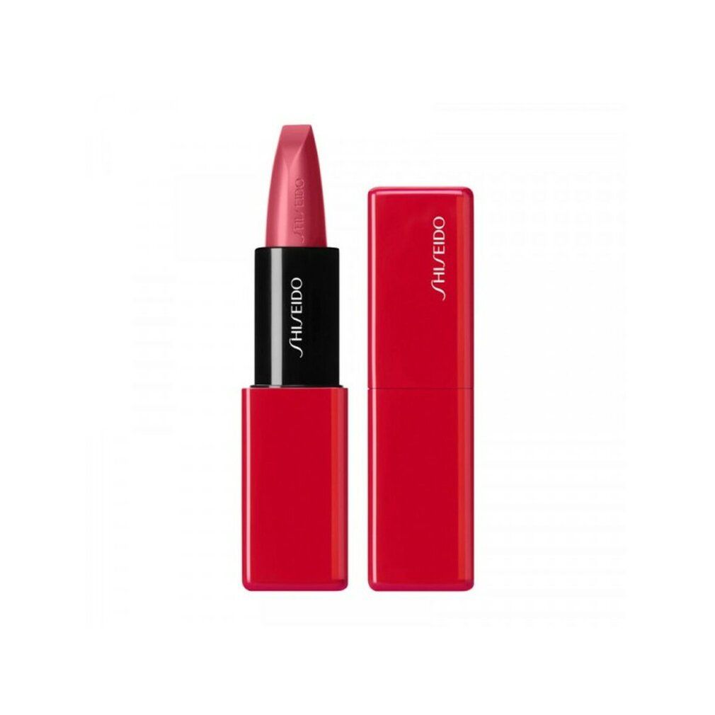 Rouge à lèvres rouge avec étui rouge. Tige noire avec lettrage blanc SHISEIDO. Étui ouvert et fermé côte à côte.