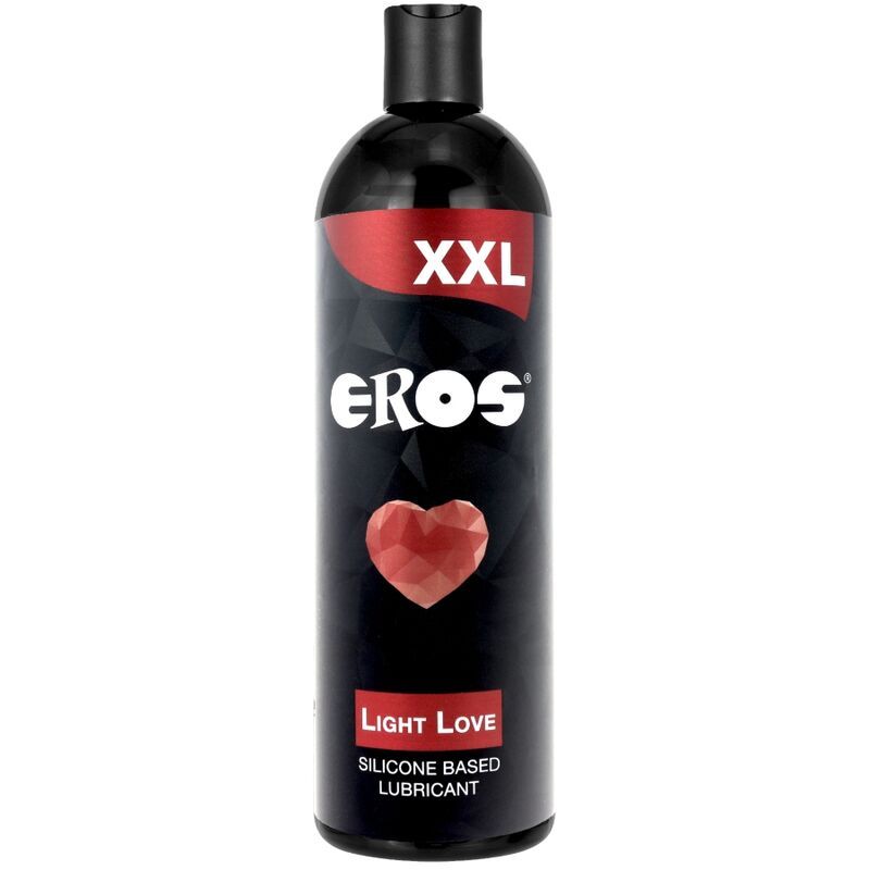 Lubrifiant Eros XXL Light Love à base d'eau dans une bouteille noire avec un symbole de cœur rouge.