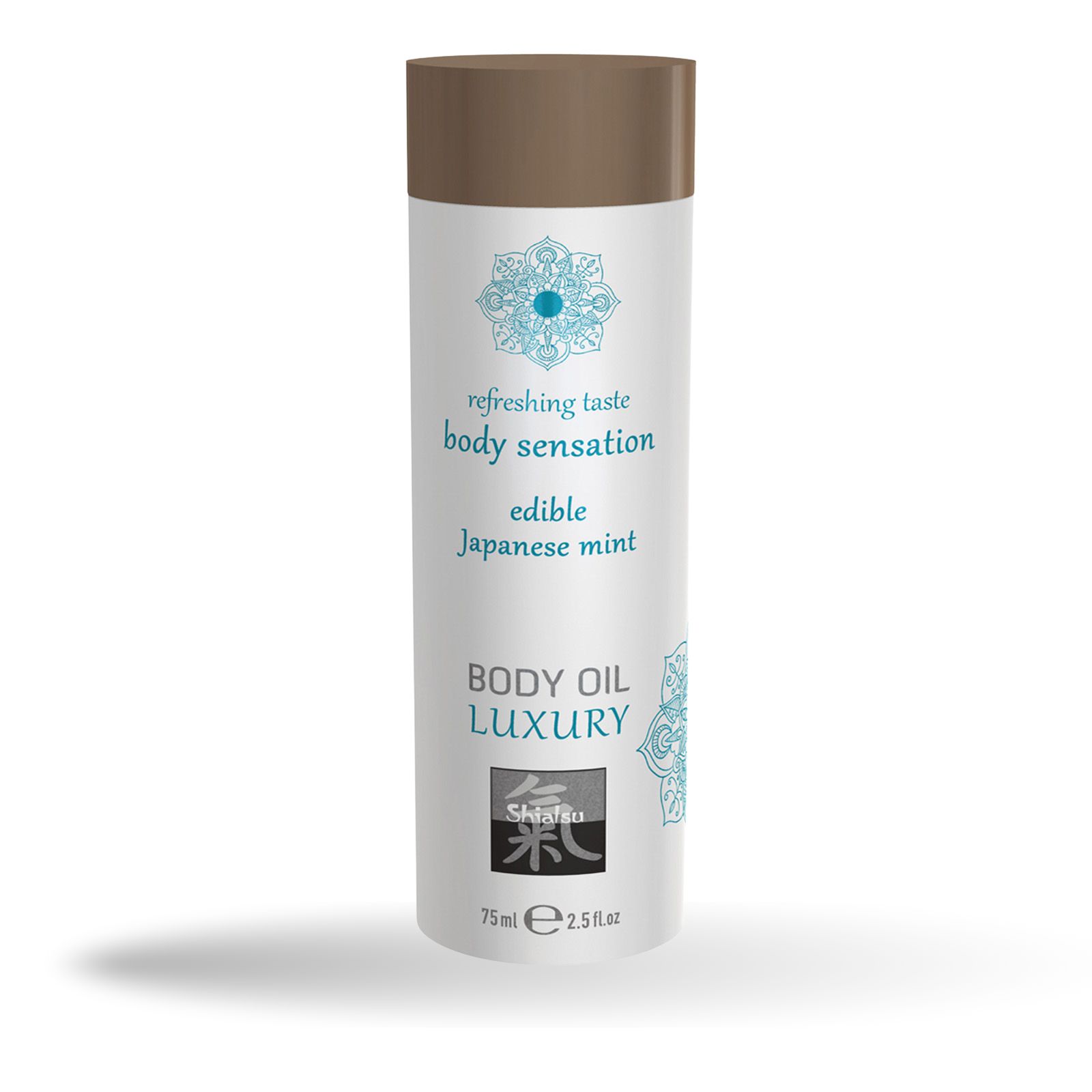 Flacon d'huile pour le corps avec bouchon marron. Inscription: Japanese Mint, Body Oil Luxury, 75ml. Motif mandala turquoise.