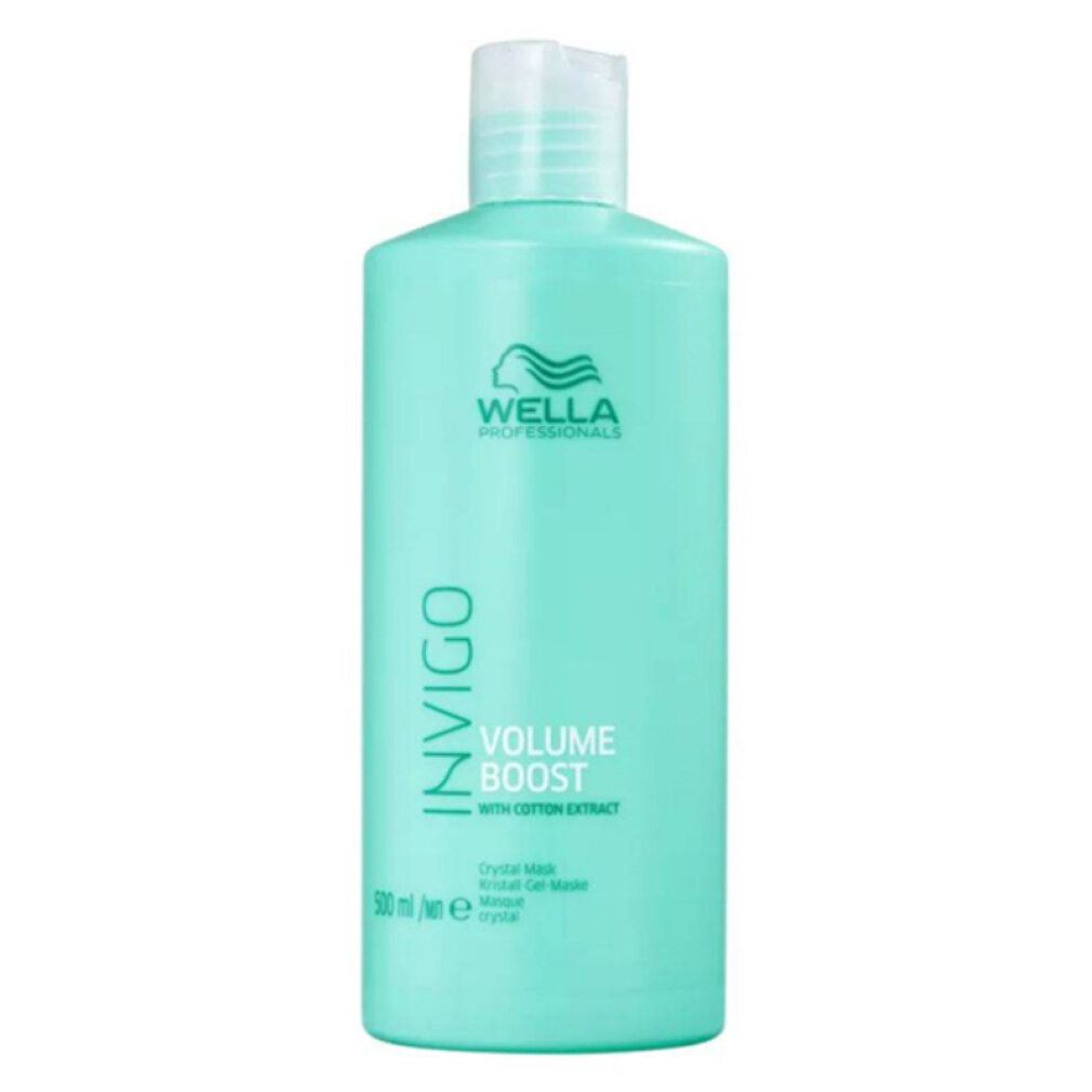 Flacon turquoise avec logo Wella Invigo et texte. Nom du produit : Volume Boost Crystal Mask. Avec extrait de coton. 500 ml.