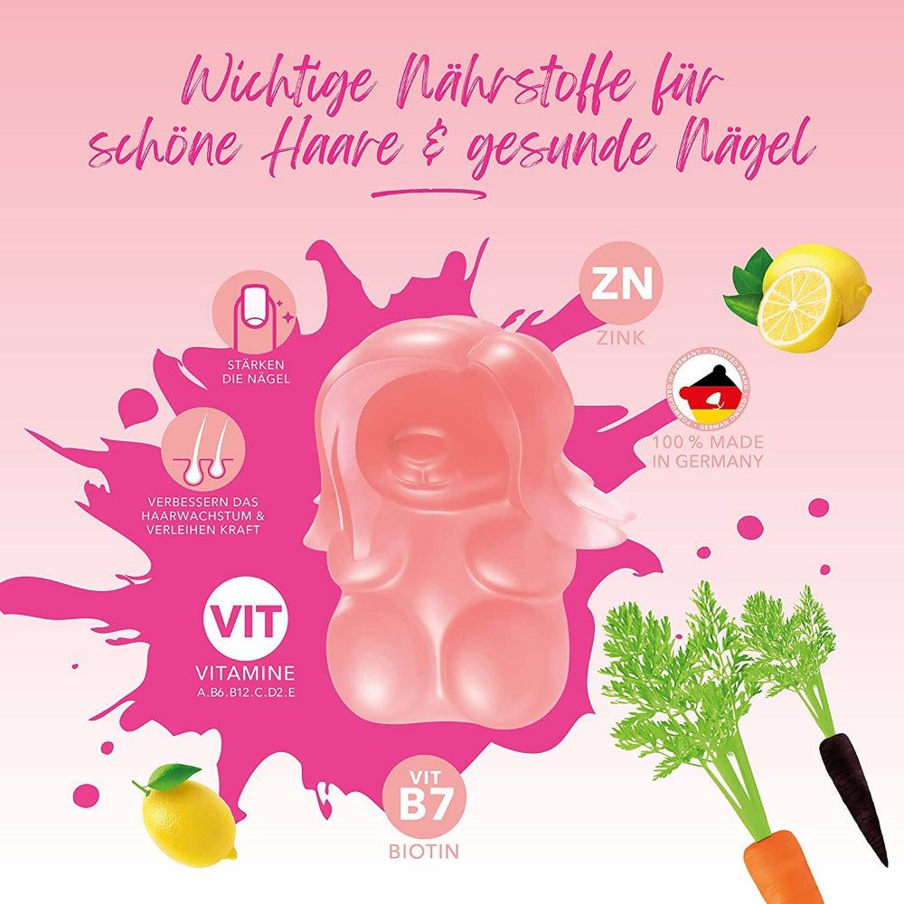 Oursons roses en forme d'ours. Inscription: Nutriments importants pour beaux cheveux & ongles sains. Avec vitamines.