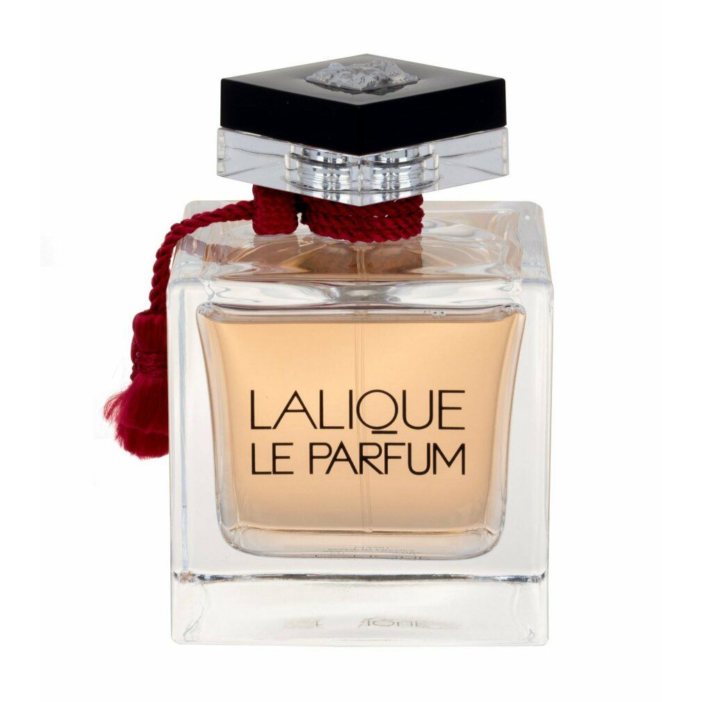 Flacon carré en verre avec liquide doré. Bouchon noir, fil et pompon rouges. Inscription : LALIQUE LE PARFUM.