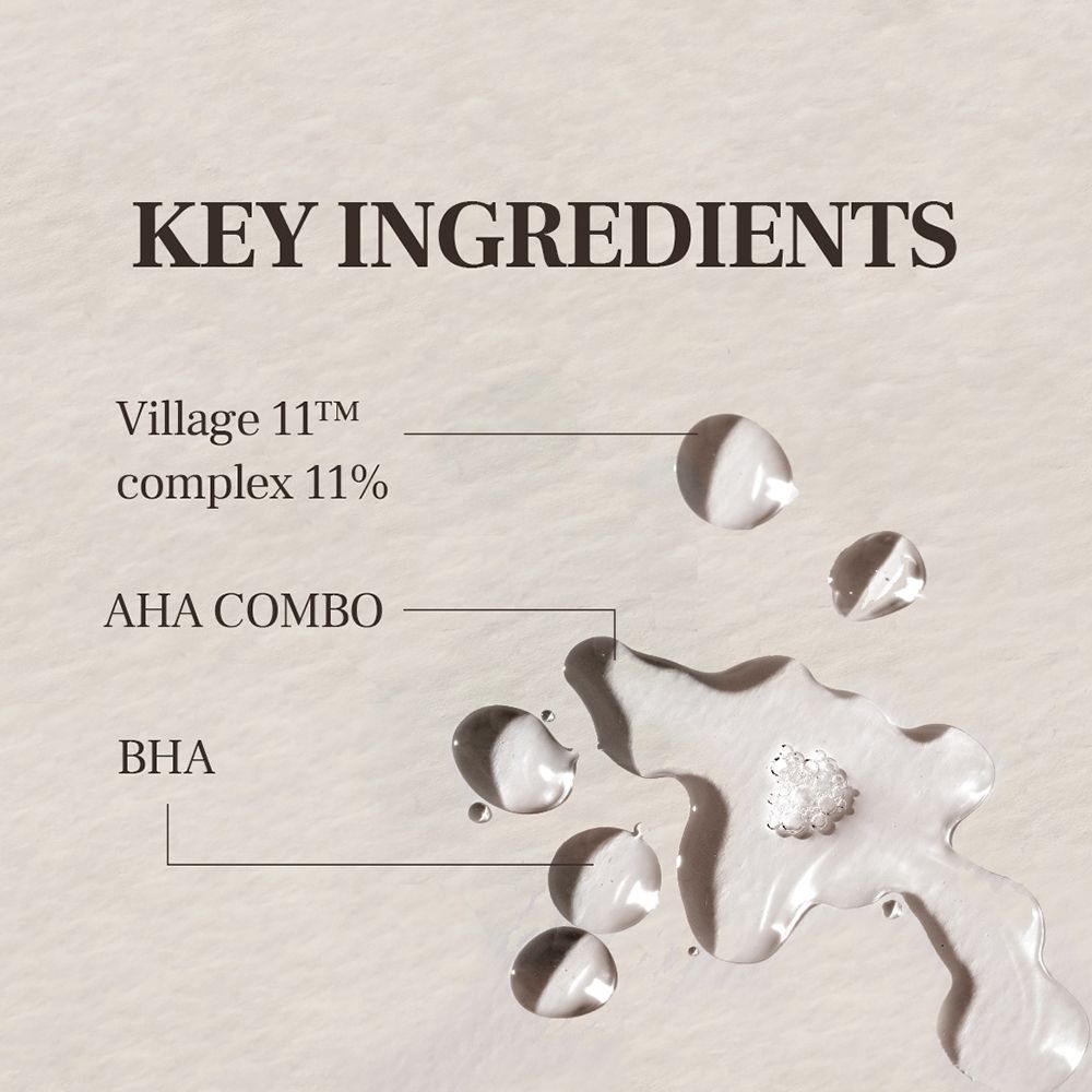 Texte avec KEY INGREDIENTS. Gouttes et texte: Village 11™ complex 11%, AHA COMBO, BHA.