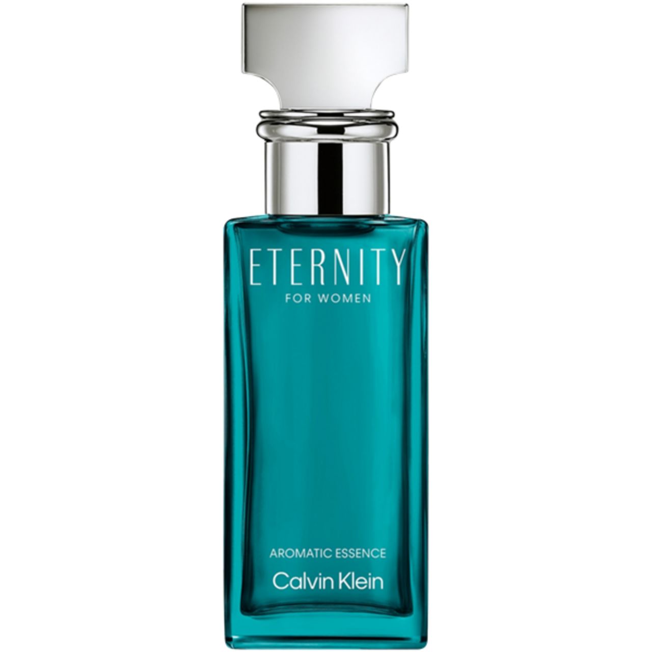 Turquoise fles met zilveren dop. Opschrift: Eternity for Women, Aromatic Essence, Calvin Klein.