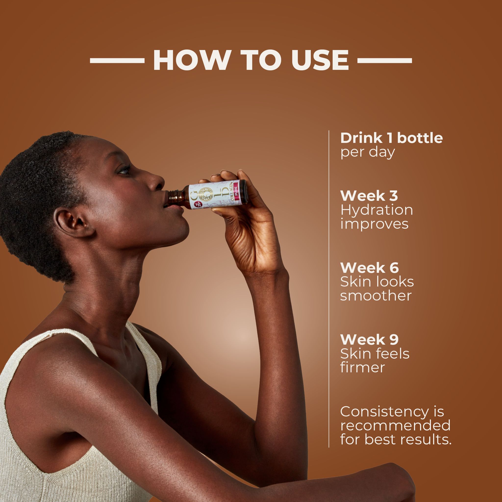 Vrouw drinkt Gold Collagen Pure, naast gebruiksaanwijzing en resultaten.
