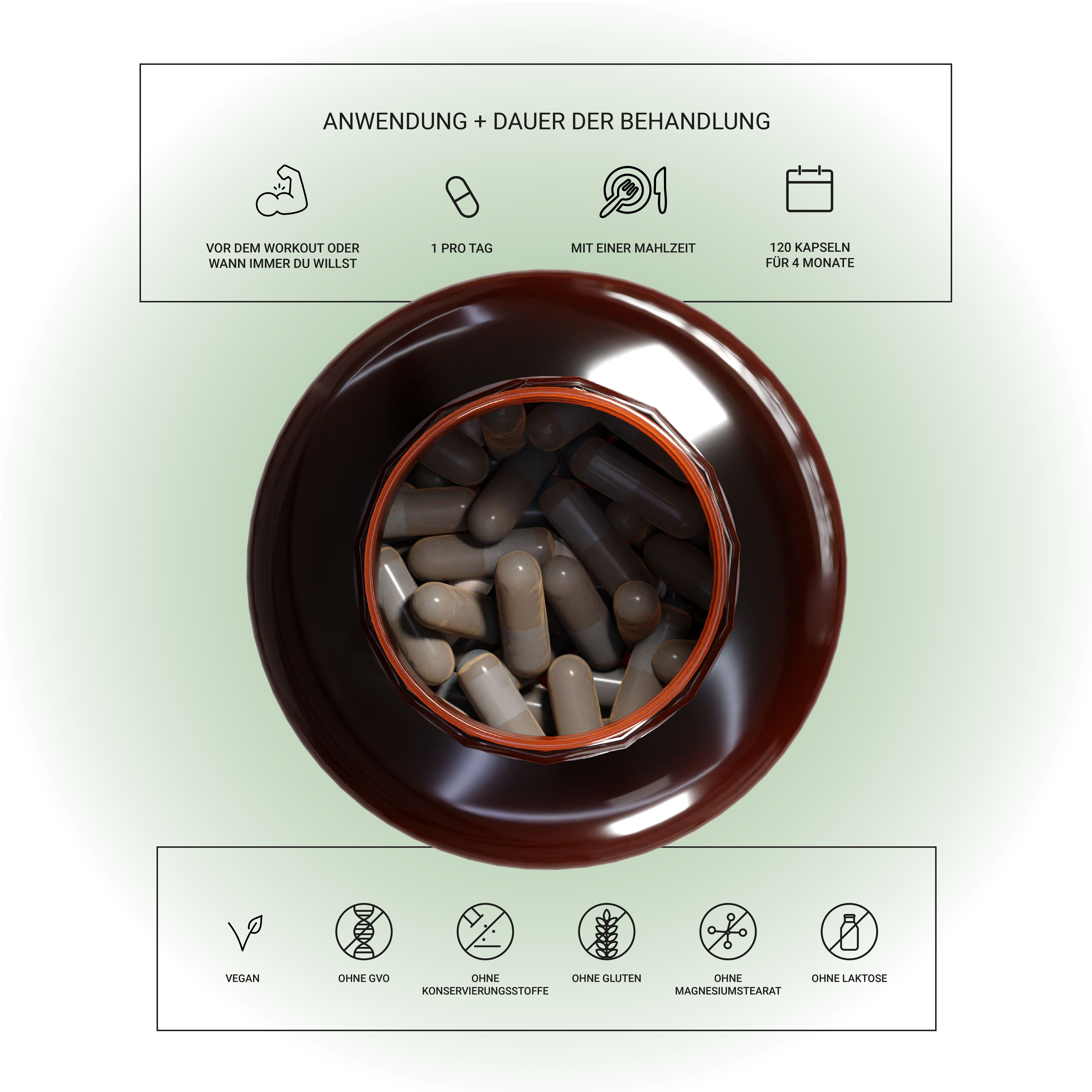 Bovenaanzicht van een bruine fles met capsules. Symbolen: Vegan, zonder GGO's, conserveringsmiddelen, gluten, magnesiumstearaat, lactose.