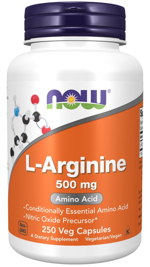 Flacon blanc, bouchon bleu. Inscriptions : NOW, L-Arginine 500 mg, Amino Acid, 250 Veg Capsules. Label Non-OGM.