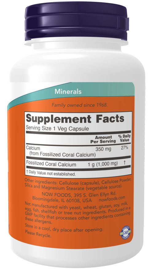 Dos du flacon. Inscription: Supplement Facts. Contient des informations sur le calcium et le calcium de corail fossilisé. Marque: NOW.