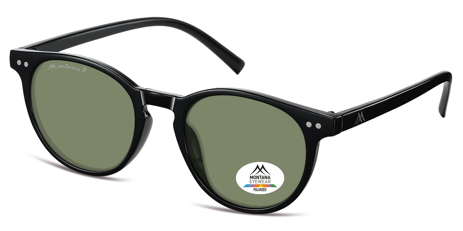 Lunettes de soleil avec monture noire et verres verts. Logo Montana Eyewear sur le verre. Verres polarisés.