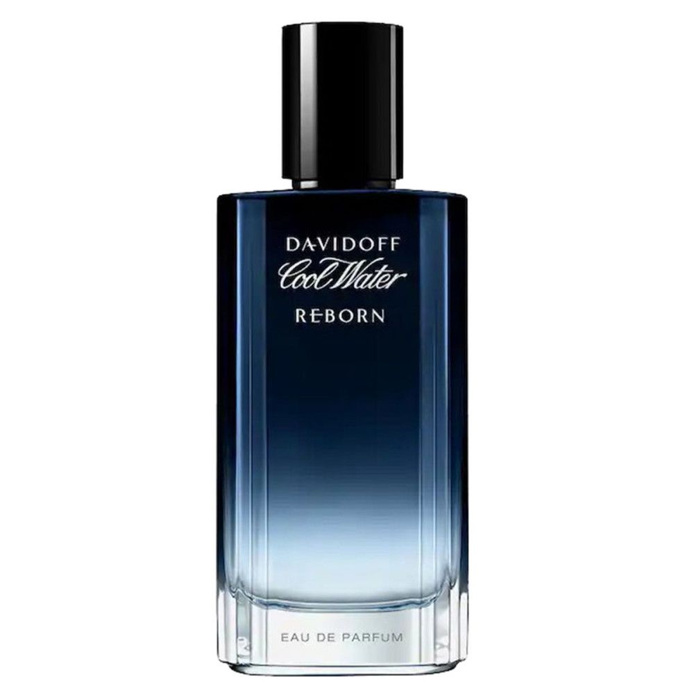 Flacon Davidoff Cool Water Reborn Eau de Parfum. Verre bleu dégradé, bouchon noir. Nom du produit et logo.