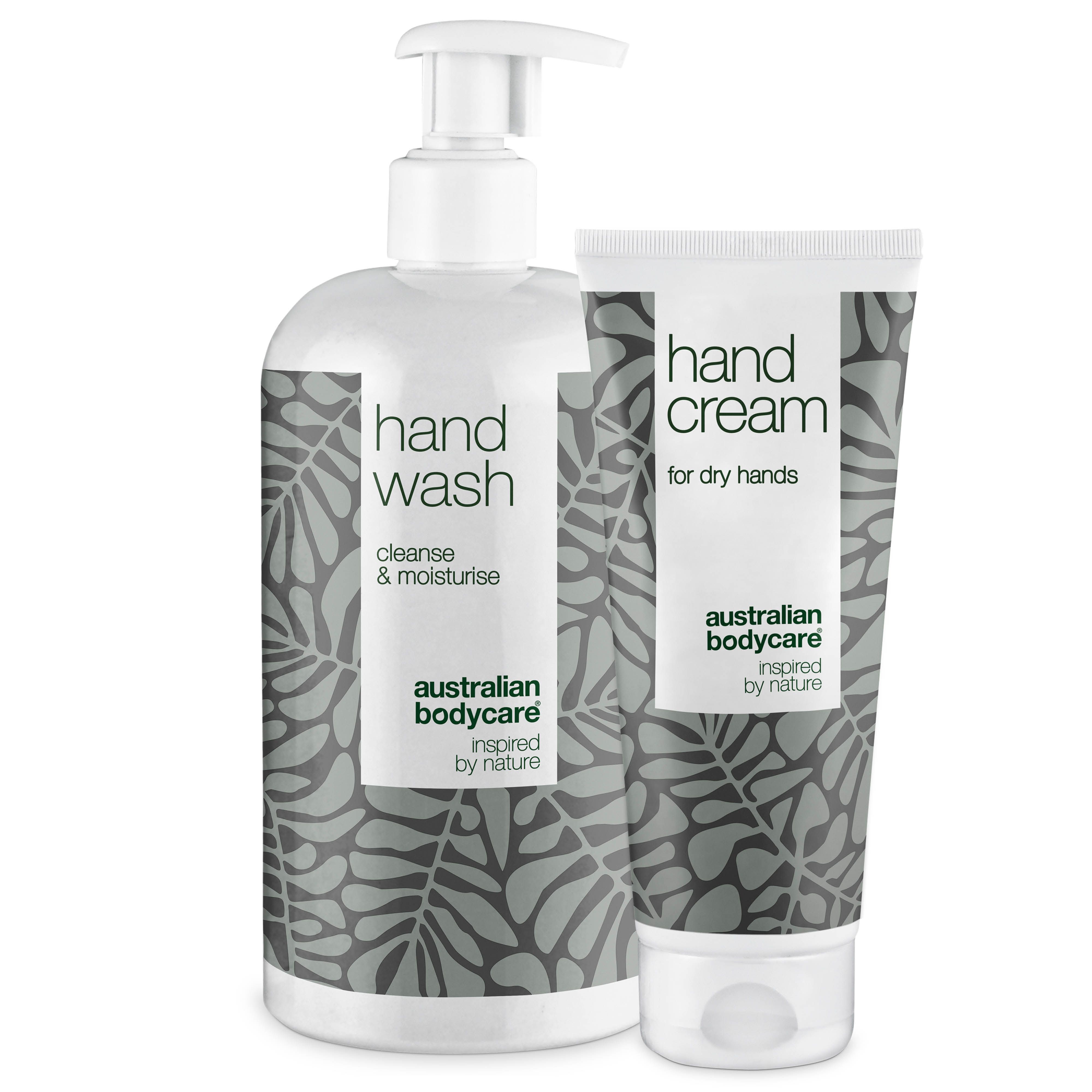 Lotion lavante et crème pour les mains. Flacons et tube blancs avec motifs de feuilles grises. Texte : Hand Wash, Hand Cream.