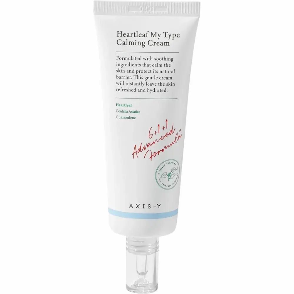 Witte tube met Heartleaf My Type Calming Cream. Transparante applicator. Blauwe accenten.