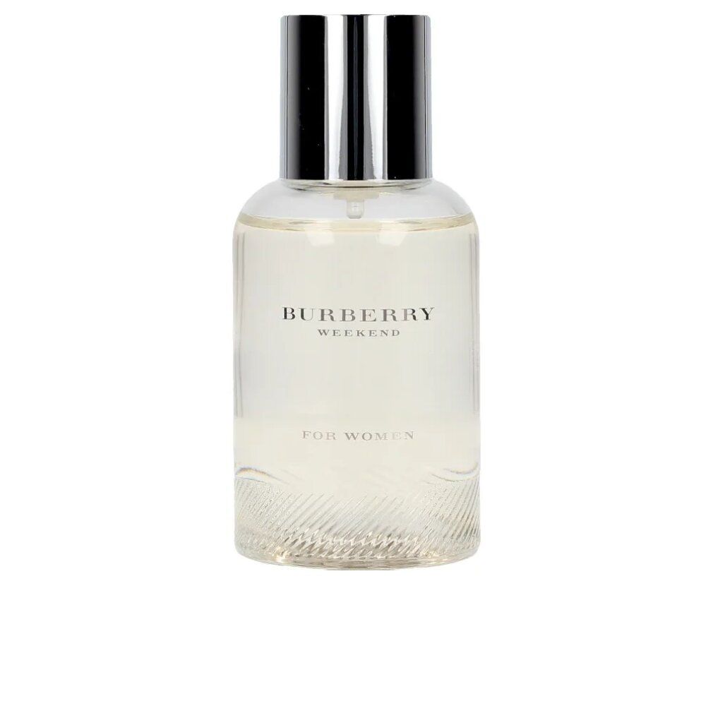 Burberry Weekend Eau de Parfum Spray pour femmes. Flacon transparent avec bouchon argenté et texte.