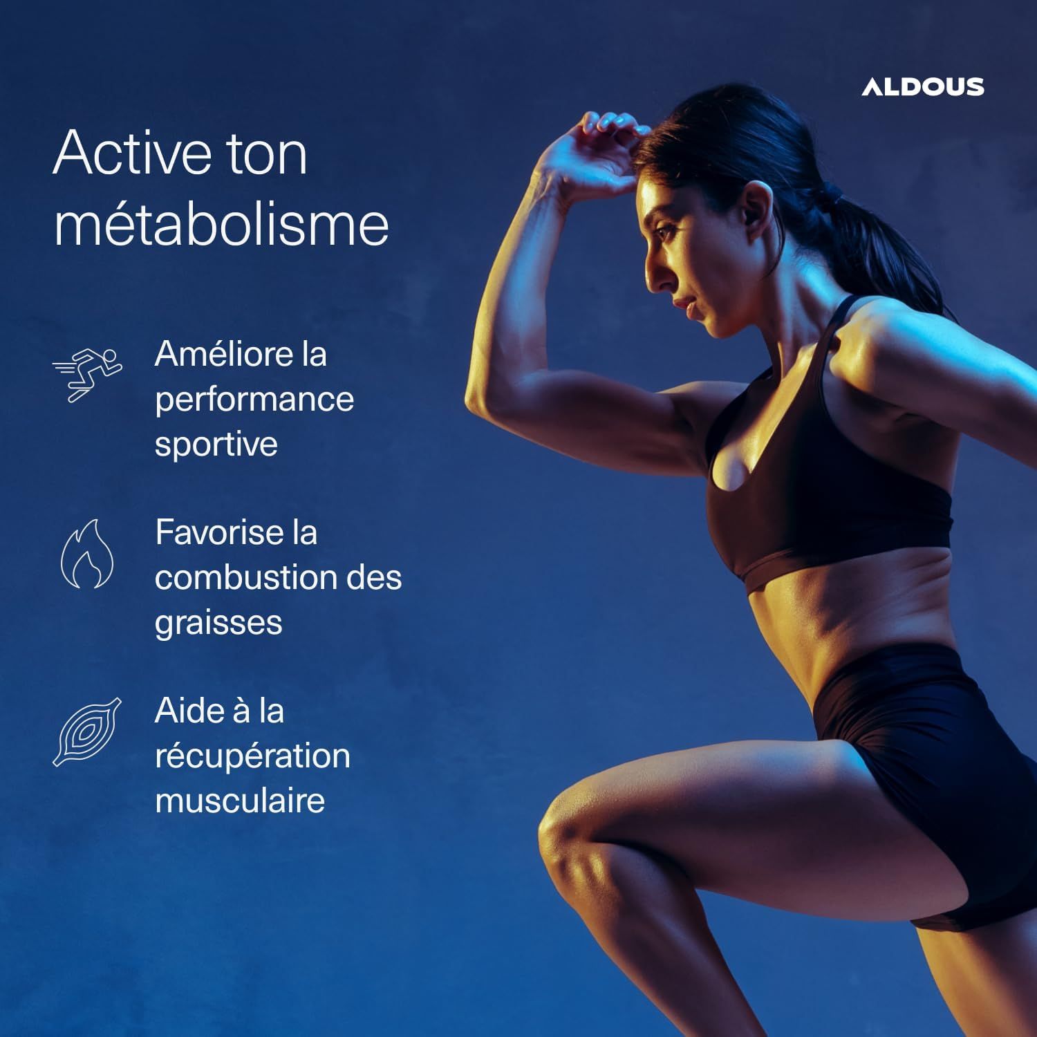 Une femme en tenue de sport court, avec du texte sur l'activation du métabolisme.