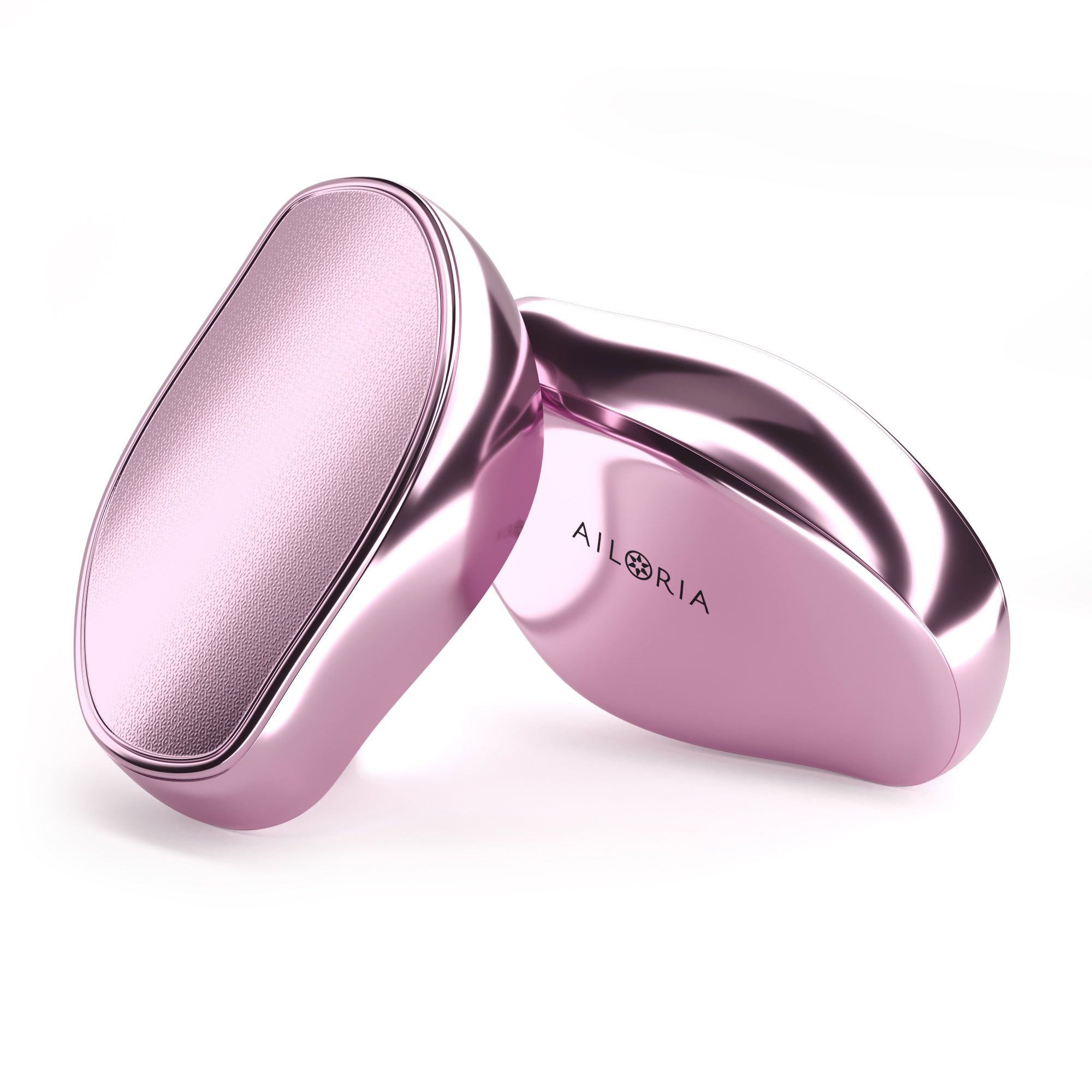 Deux exfoliants pour les pieds roses. Inscription et logo AILORIA sur un appareil.