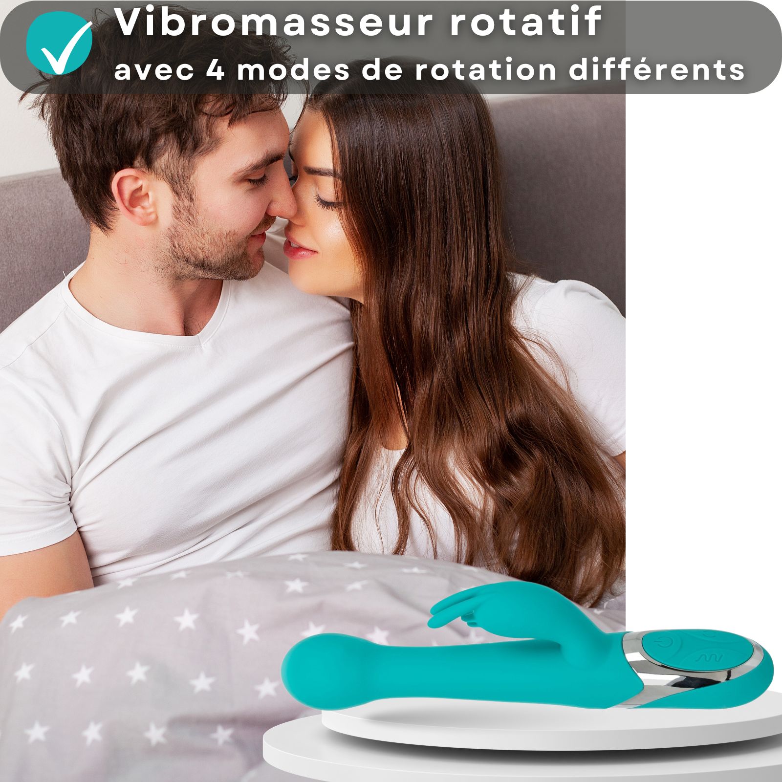 Vibrateur turquoise, forme incurvée. Texte: 12 modes de vibration avec stimulation clitoridienne.